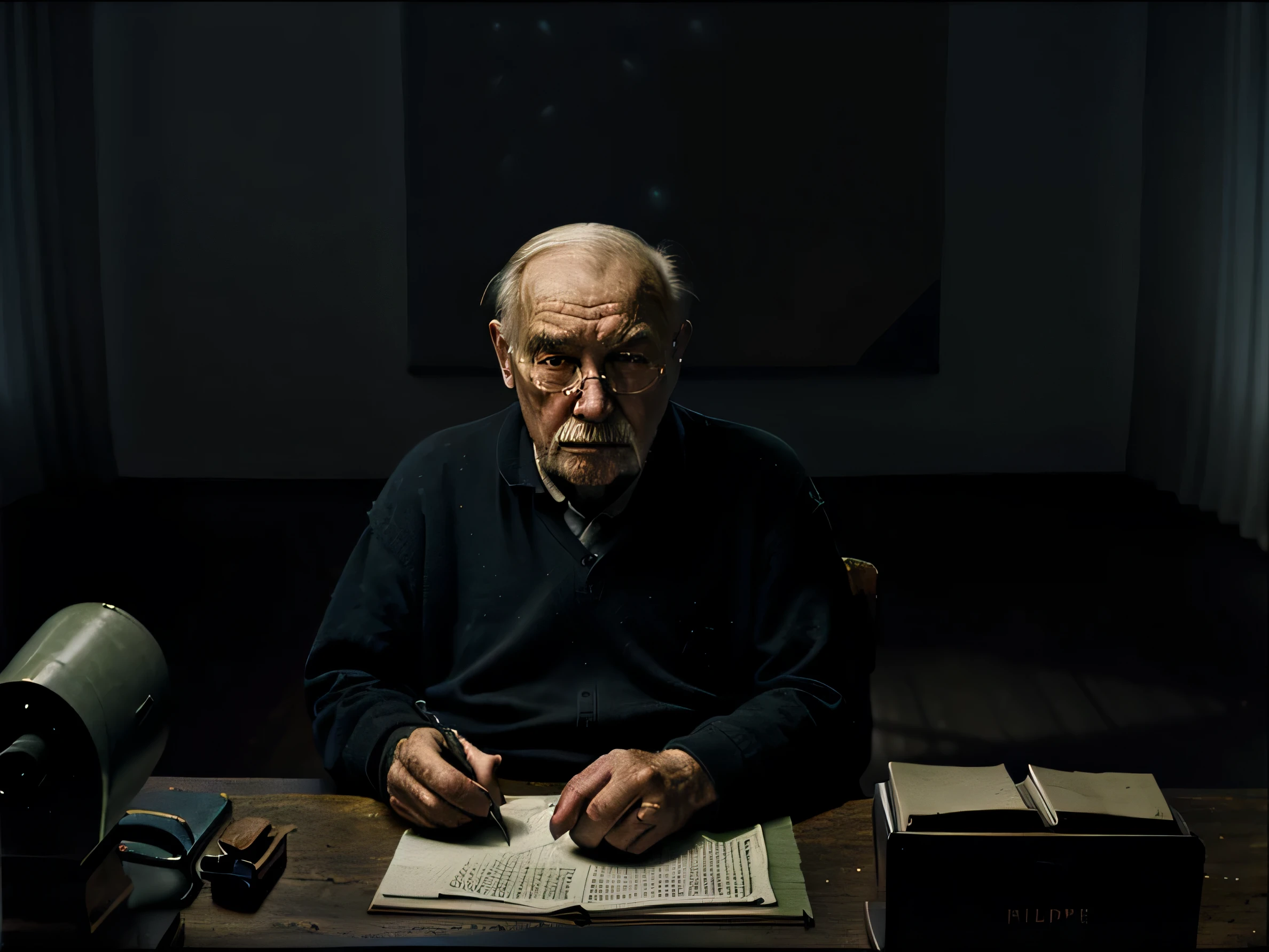 edward hopper style, old man sitting at a desk in a very large dark room at night