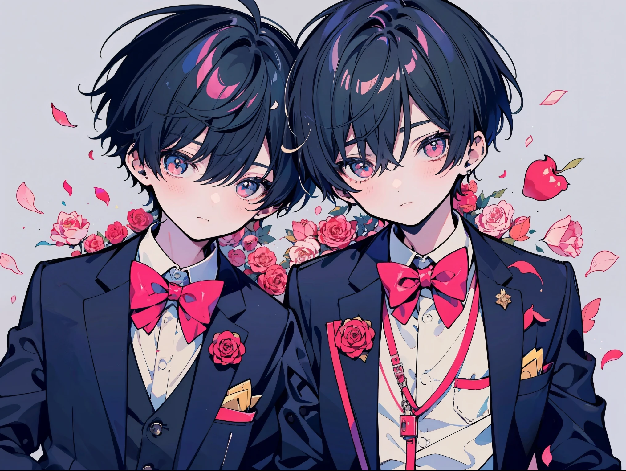 two boys without clothes, Gay Boy Relationships,  boy,（full body photo） (upper body blazer),（lower body） cute, apple under school, （petals dance）