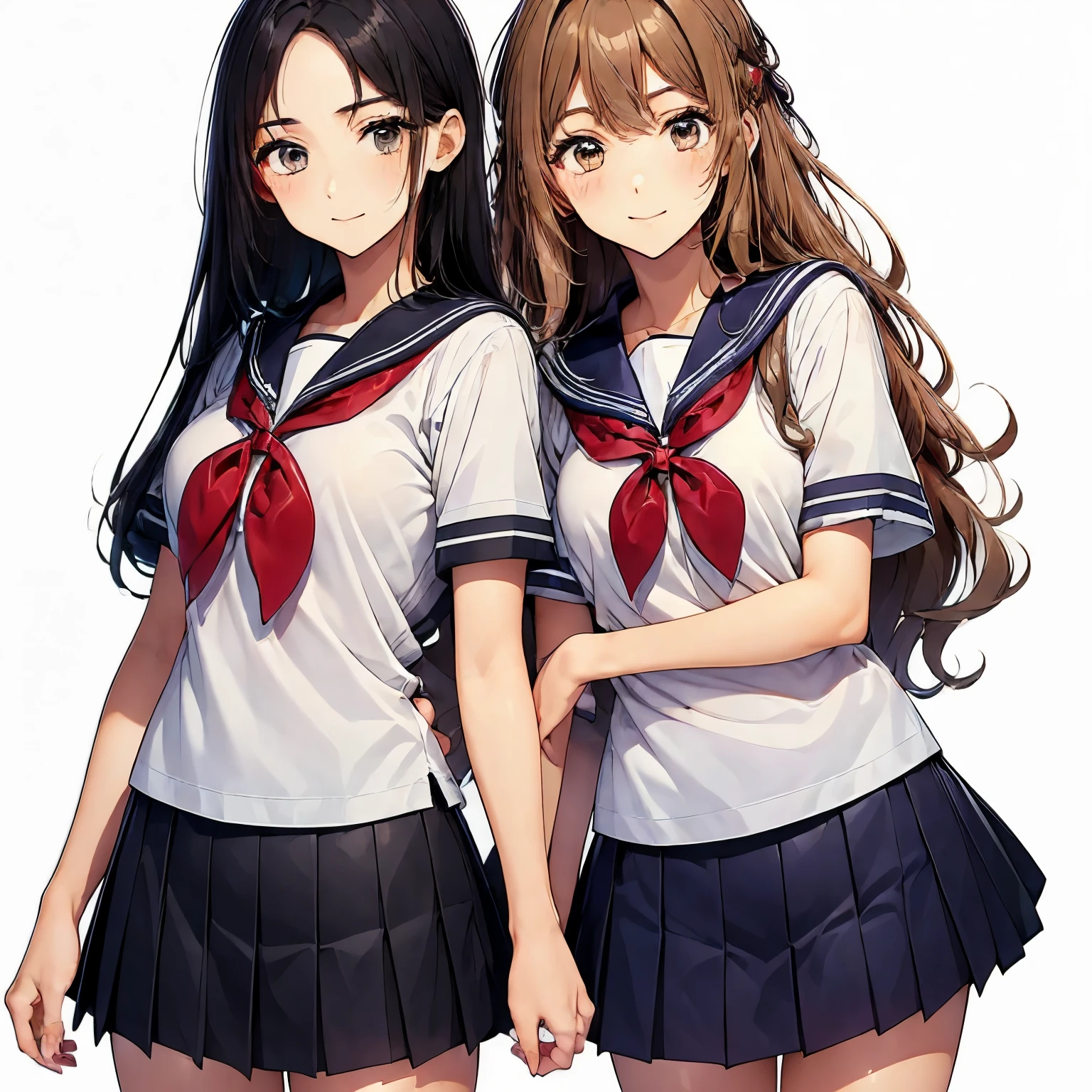 high quality,((2girls,cuddle)),chyuri,smile,Japanese high school student,short sleeve sailor school uniform,
