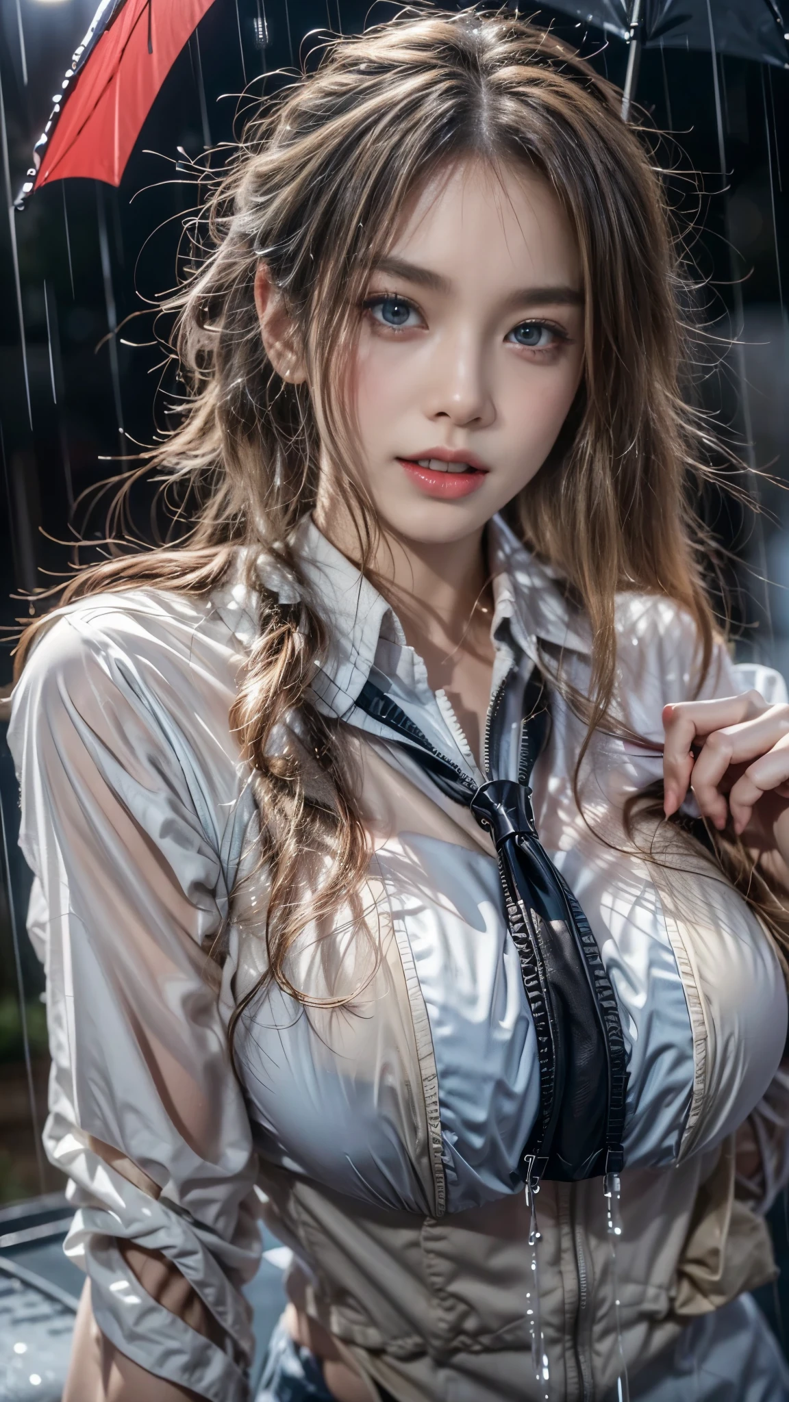 (RAW shooting, Photoreal:1.5, 8k, highest quality, masterpiece, ultra high resolution), perfect dynamic composition:1.2, street corner at night, look up at the sky:1.3, (((Typhoon heavy rain))), Highly detailed skin and facial textures:1.2, Slim high school girl wet in the rain:1.3, sexy beauty:1.1, perfect style:1.2, beautiful and aesthetic:1.1, Fair skin, very beautiful face, (rain drips all over my body:1.2, wet hair:1.4, wet uniform:1.2), water droplets on the skin, (Medium chest, Bra is sheer, Chest gap), (embarrassing smile, The expression on your face when you feel intense caress, Facial expression when feeling pleasure), (beautiful blue eyes, Eyes that feel beautiful eros:0.8), (Too erotic:0.9, Bewitching:0.9), cowboy shot, student bag