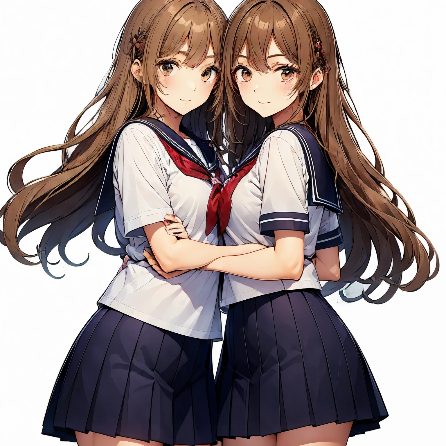 high quality,((2girls,cuddle)),chyuri,smile,Japanese high school student,short sleeve sailor school uniform,