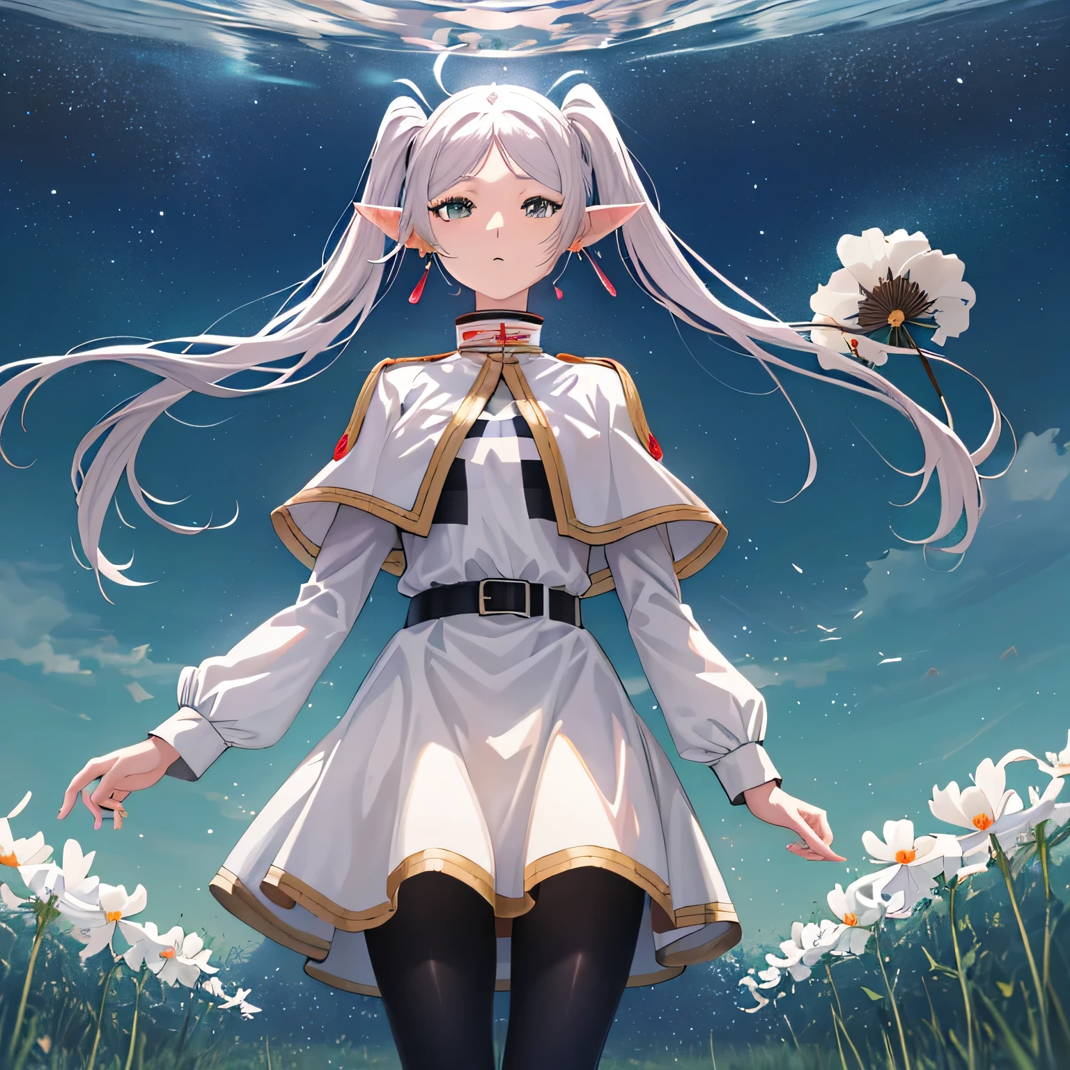 masterpiece, highest quality, disorganized, perfect anatomy, freeze base, twin tails, earrings, white capelet, striped shirt, white skirt, long sleeve, belt, black pantyhose, 

Freelen stands on a stick with a magic wand, (In a cosmos field in full bloom), (frieze wand:1.1)