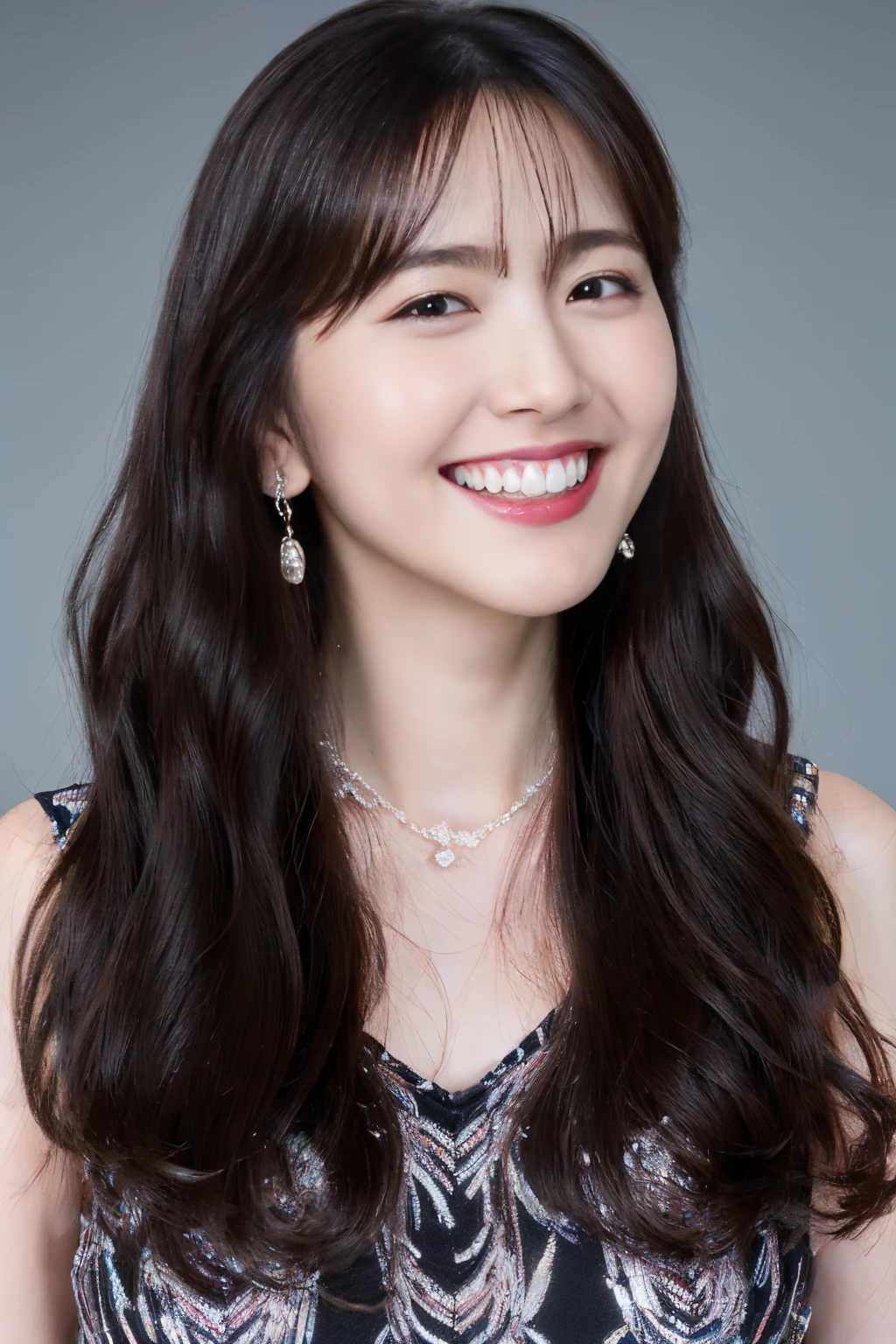 highest quality, masterpiece, ultra high resolution, (realistic:1.4),very detailed,professional lighting smile,black hair、smile showing teeth、black hair、ear piercing、necklace around neck
