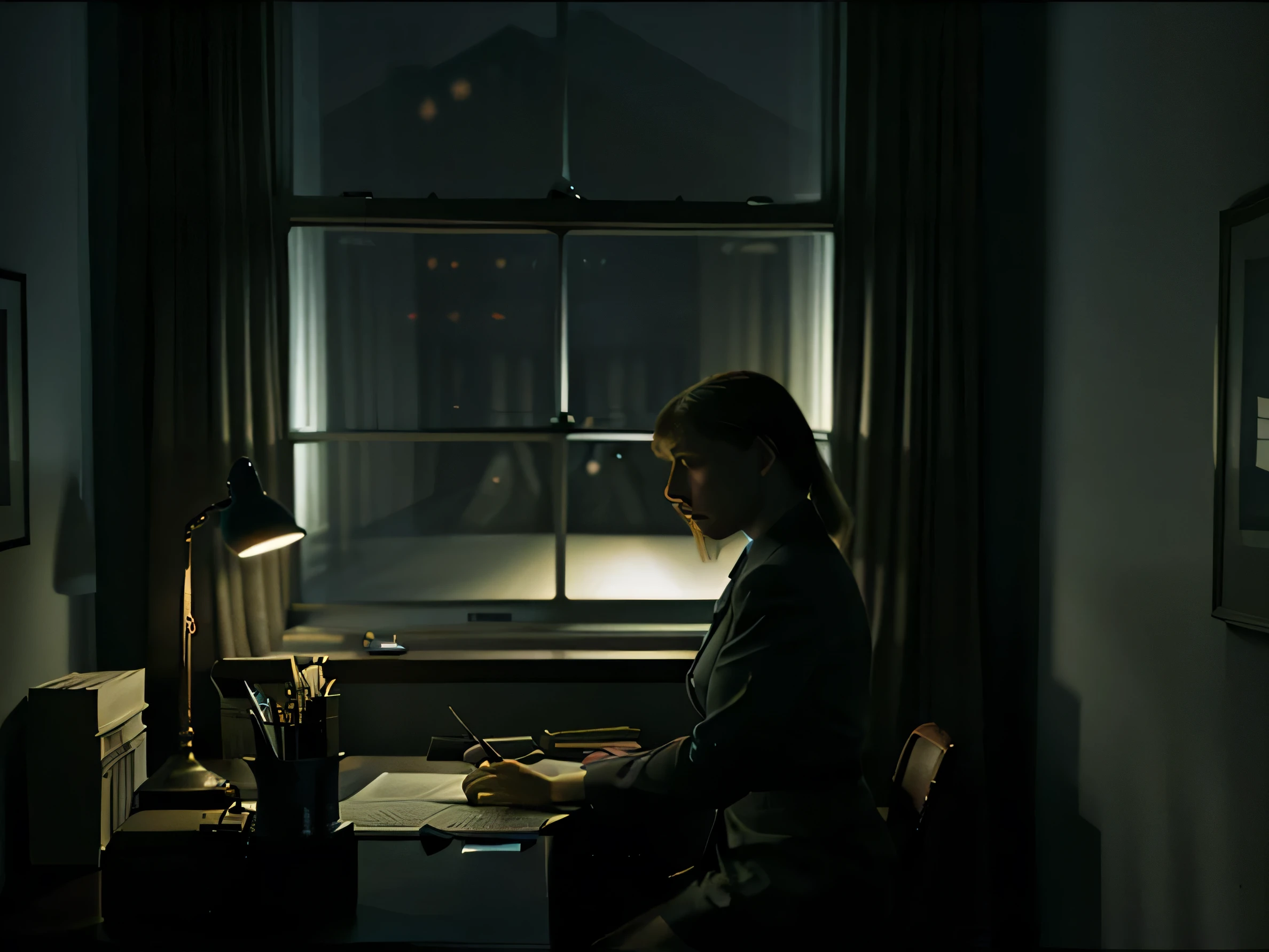 edward hopper style painting of female at desk in very large dark room at night, looking out the window, streetlight streaming in the window