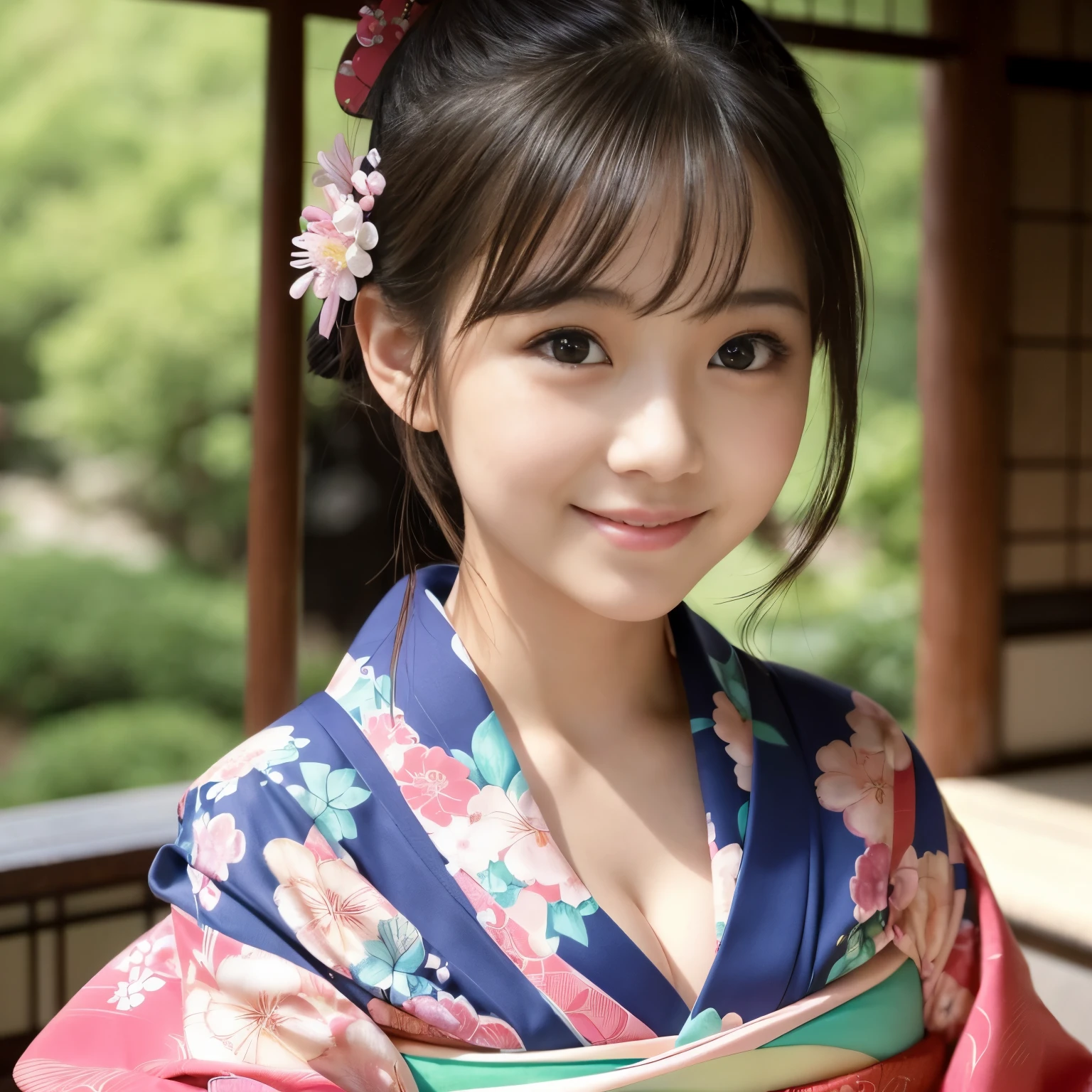 Best-quality, Masterpiece, Ultra-High-Resolution, (Photorealistic:1.4), Raw-Photo, 1girl, the most famous Japanese idol, wearing Japanese-KIMONO, looking at viewer, innocent-smile, (the most cute face, ((the most beautiful big-eyes)), the most beautiful hair, the most beautiful skins), the most beautiful long-eyelashes, the most beautiful lips, ((the most beautiful abundant-cleavage that wearing Japanese-KIMONO))