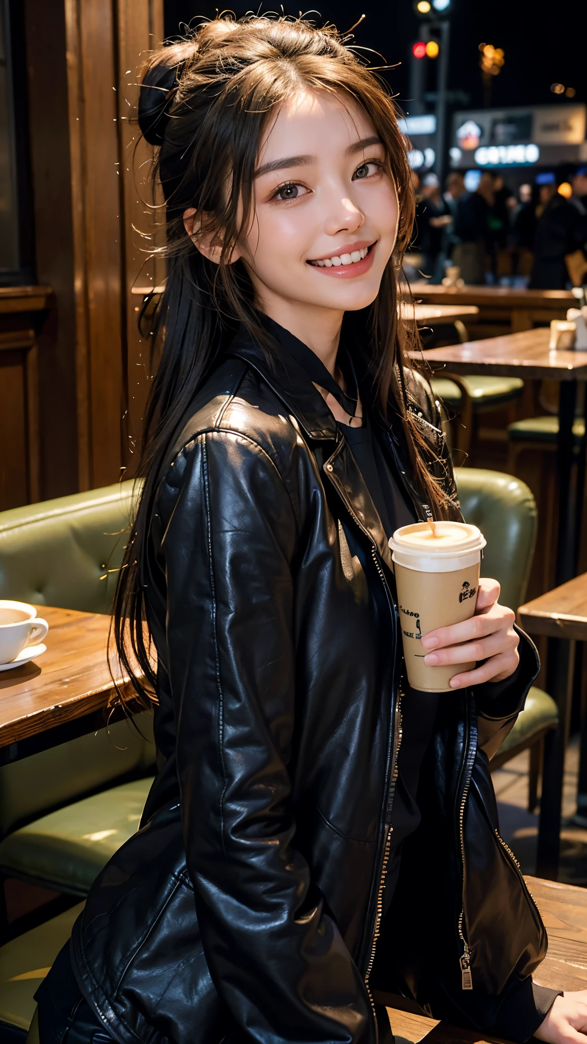 highest quality, masterpiece, ultra high resolution, (realistic:1.4), (portrait facing each other) RAW photo, 1 girl, 22 years ago,slender body,Medium chest,((winter uniform)),((long hair bun hair)),((Drinking latte and chatting at a cafe)),((There&#39;s a viewer next to you)),((black jacket and black leather aturation, contrast,((toothy smile)),