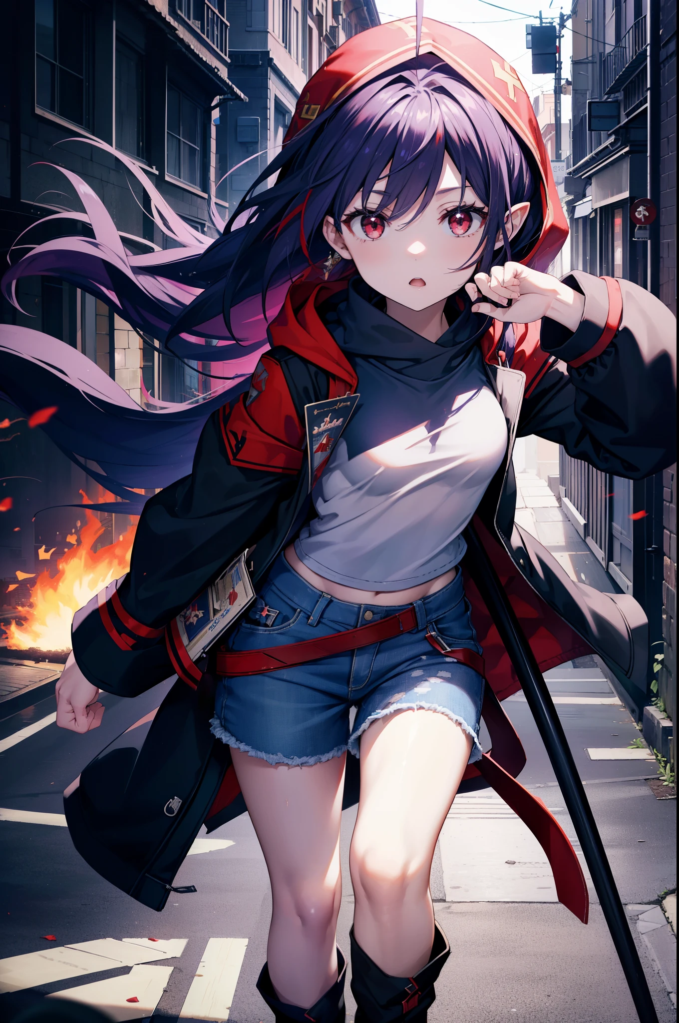 yuukikonno, Yuki Konno, hair band, long hair, pointed ears, purple hair, (red eyes:1.5), (small breasts:1.2), open your mouth seriously,purple oversized hoodie　hood up,IncrsUnsheathingAKatanaMeme, sheath, holding sheath, short denim pants,black knee high socks,short boots,rubble,explosive flame,
break looking at viewer, Upper body, whole body,
break outdoors, In town,building street,,
break (masterpiece:1.2), highest quality, High resolution, unity 8k wallpaper, (figure:0.8), (detailed and beautiful eyes:1.6), highly detailed face, perfect lighting, Very detailed CG, (perfect hands, perfect anatomy),