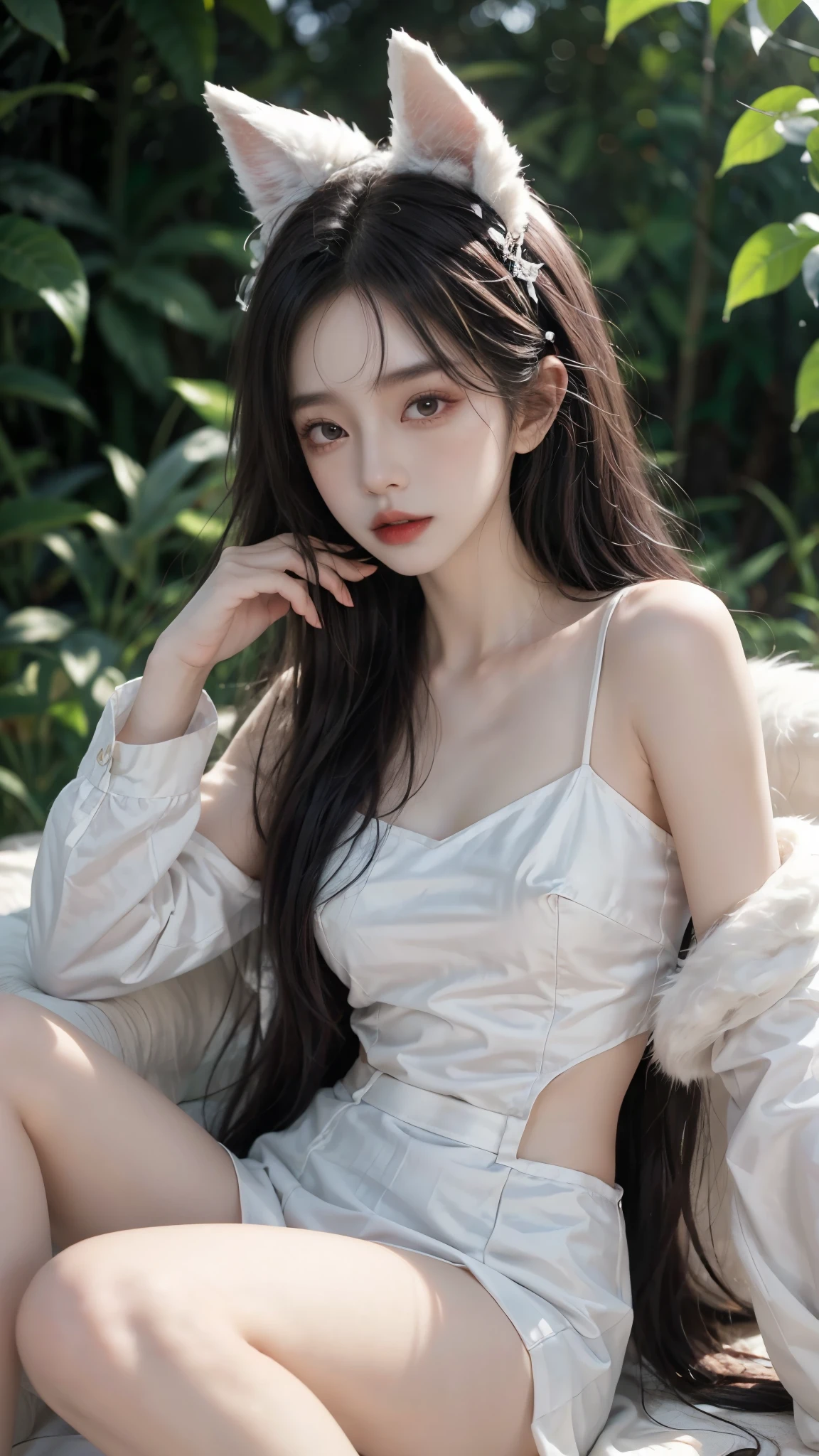 Ahri_Cosplay, White Tails, Black long hair, yellow eyes, ((knee shot)),  sitting position, Film portrait photography, girl, 1 girl, leg mold, bare shoulders, The skirt is very short, Shoulder length wavy hair, plump breasts, cleavage, Slender sexy legs, long legs, serene, calm, (逼真Detailed眼睛, natural skin texture, Realistic facial details), Soft dramatic lighting, depth of field, Bokeh, Vibrant details, Detailed, surreal, 35mm film, right hand, correct leg, anatomically correct, masterpiece, best quality