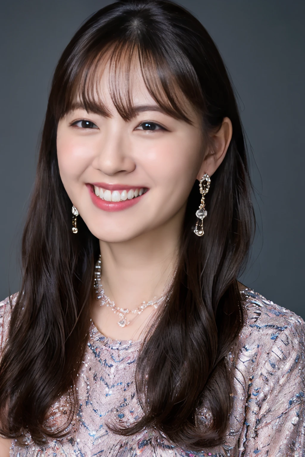 highest quality, masterpiece, ultra high resolution, (realistic:1.4),very detailed,professional lighting smile,black hair、smile showing teeth、black hair、ear piercing、necklace around neck