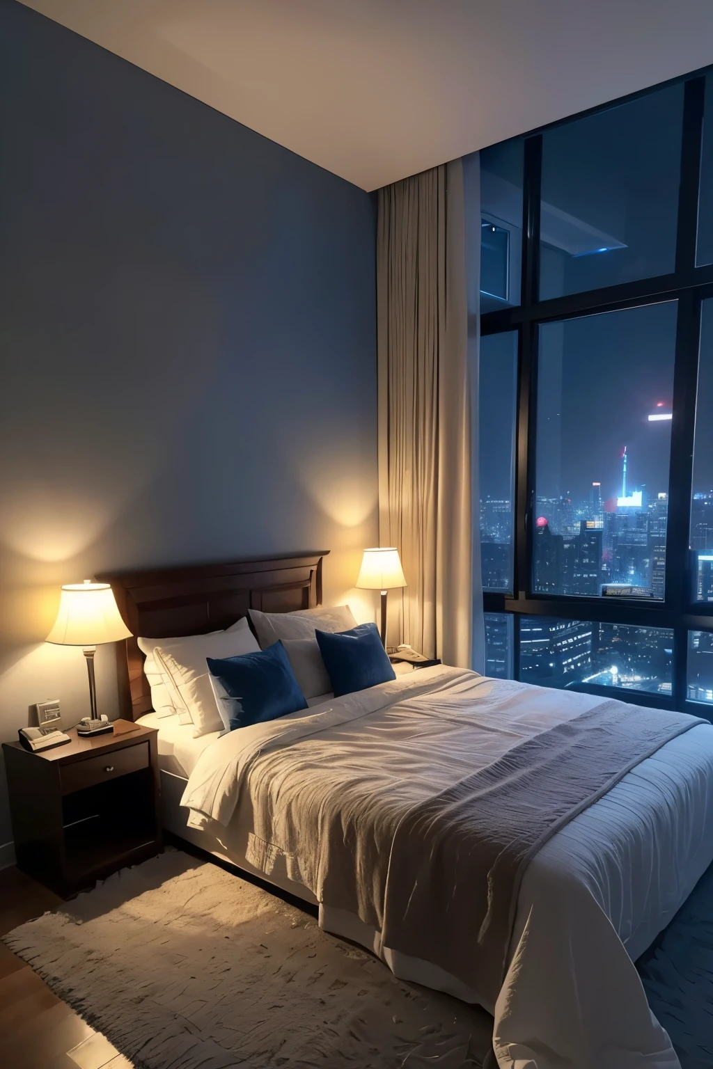 In the stillness of the night, an enchanting indoor scenery unfolds. No humans are present in this tranquil setting. The room is bathed in soft light, casting gentle shadows on the plush blue sofa and the bed beyond. The bed, adorned with a pillow of cloud-like softness, invites rest. A table lamp, its warm glow casting a cozy ambiance, sits near the bedside. The night sky outside the window mirrors the blue theme of the room, adorned with twinkling stars.
A cityscape of towering skyscrapers can be seen beyond the curtains. The night sky, deep and vast, hangs heavy with the
