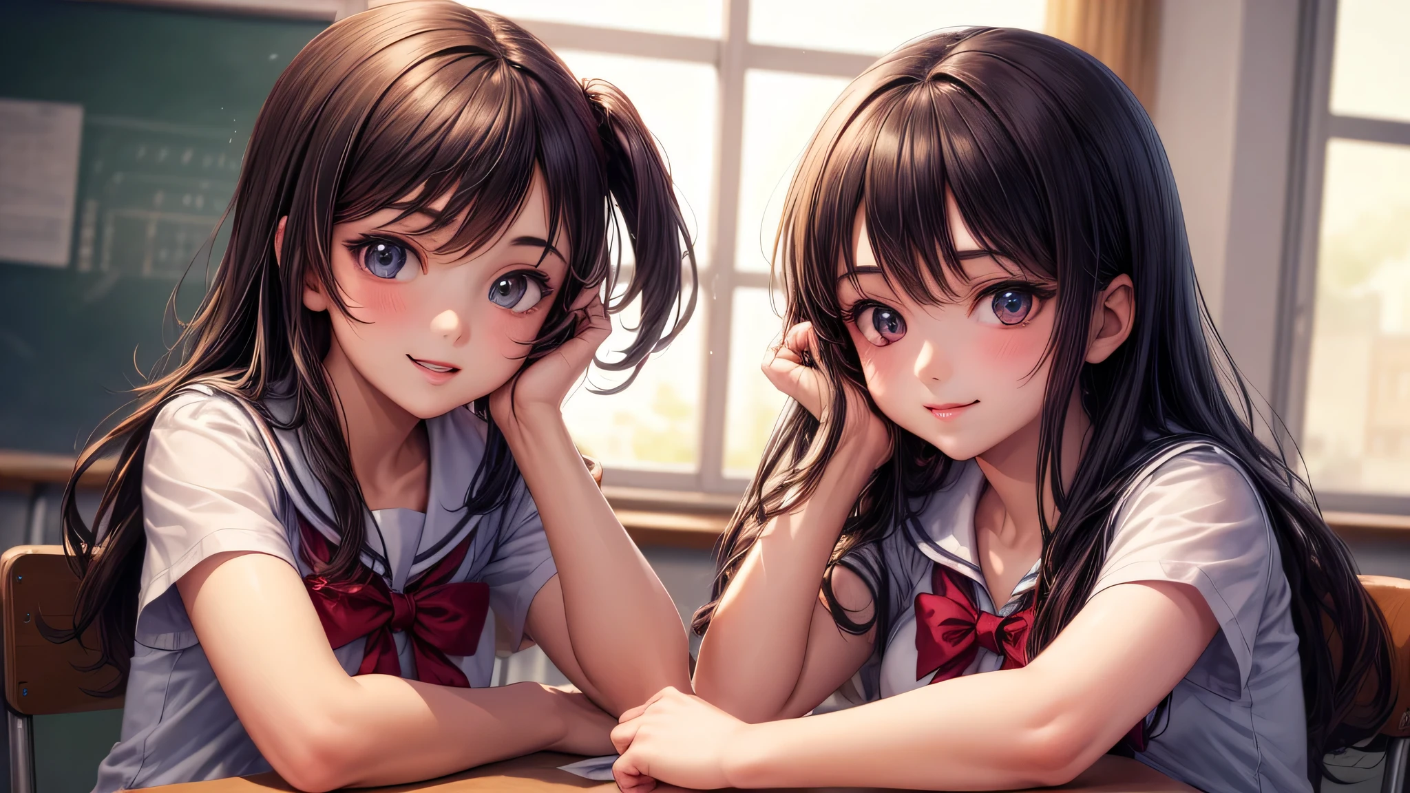 (2 girls:1.2), incredibly beautiful face, enchanting smile, (school uniform, mini skirt:1.2), (highest quality: 1.4), (Super detailed), (highest quality:1.4), (super detailed), evening, very high resolution, (Upper body), close up face, (School, classroom), School anime, anime illustration,
