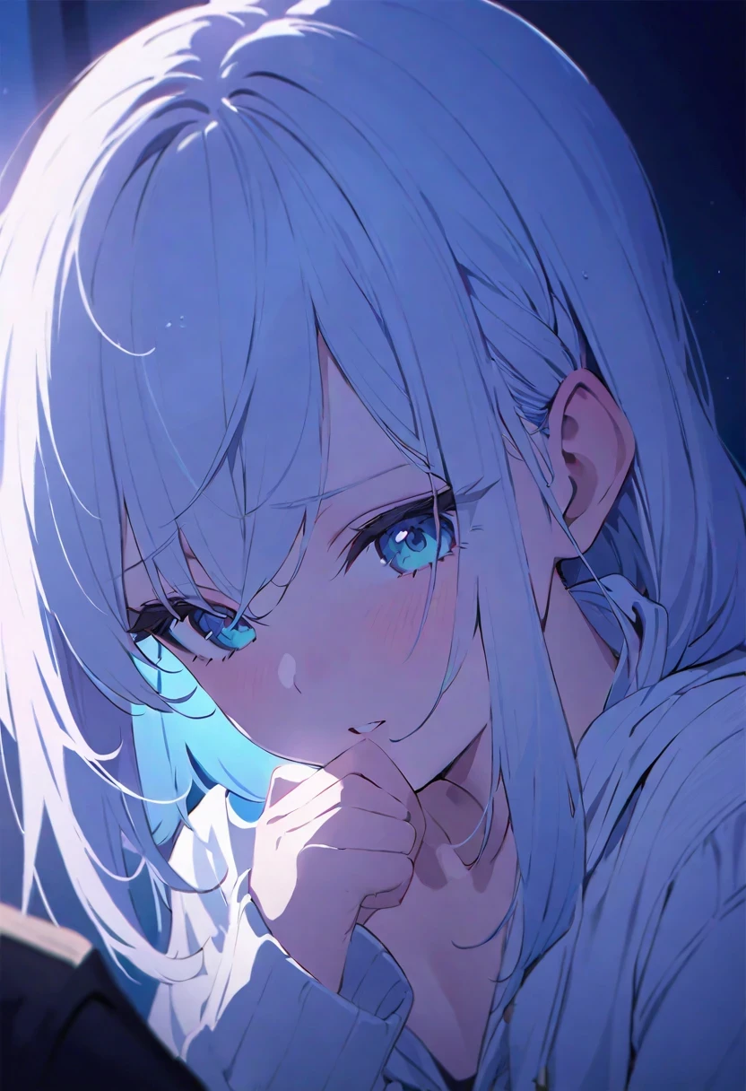 Shirakami Fubuki/(Holographic live broadcast/),(best quality, masterpiece, super detailed, Very detailed, Beautifully, 16k,Full HD),A little closer,dramatic lighting,pastel colors,moonlight, soft light,