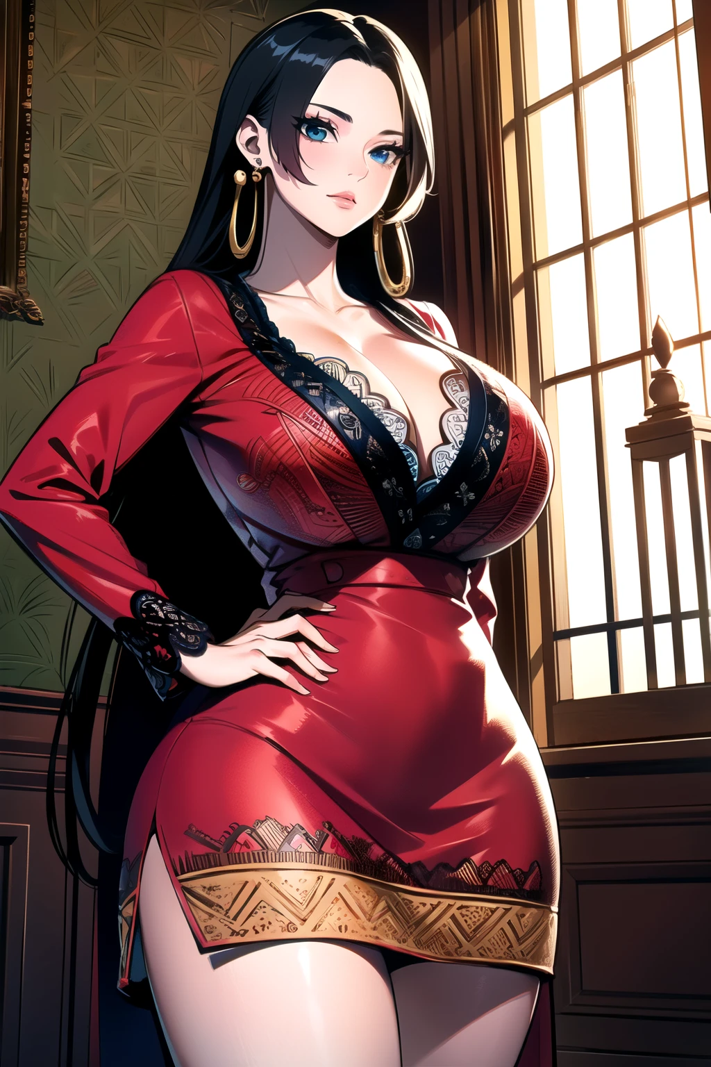 ultra realistic 8k cg, masterpiece, ((ultra detailed background, delicate pattern, intricate detail, highly detailed, fine details best quality, hyperdetailed face)), gigantic breasts ,cleavage, beautiful lighting, absurdres, BoaHancockV2, 1girl, solo, black hair, long hair, jewelry, closed mouth, ), (red short dress, earrings, blue eyes, complex detailed background, inside, castle room environment, medieval castle), ((close-up, cowboy shot)), curvy