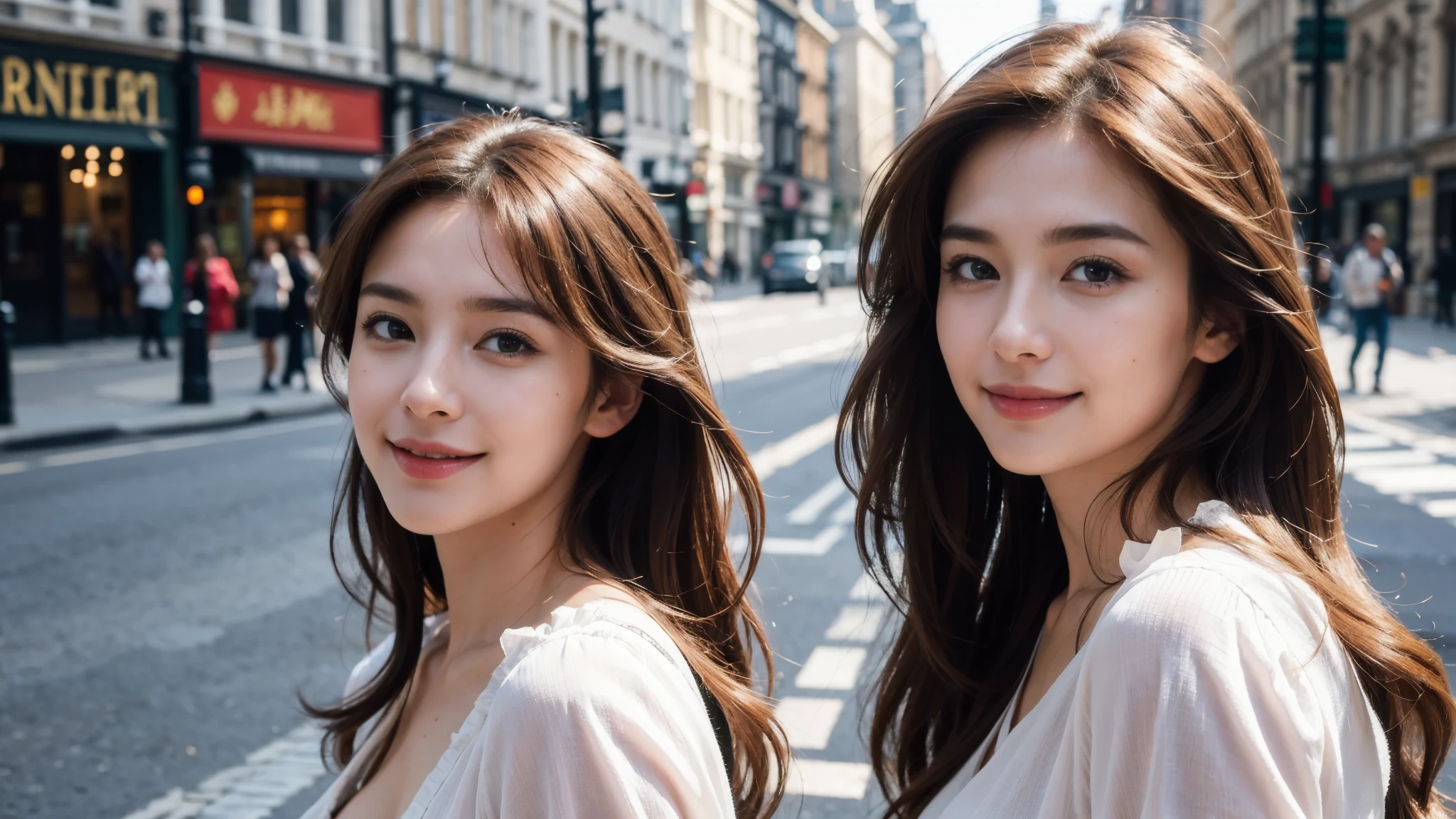 masterpiece, Best Quality, Photorealistic, Ultra-detailed, finely detailed, High resolution, 8K Wallpaper, 1 beautiful woman, light brown hair, sharp focus, Perfect dynamic composition, Beautiful detailed eyes, detailed hairs, Detailed realistic skin texture, Smiling, portrait, Model body type, Take a walk on the street of London,