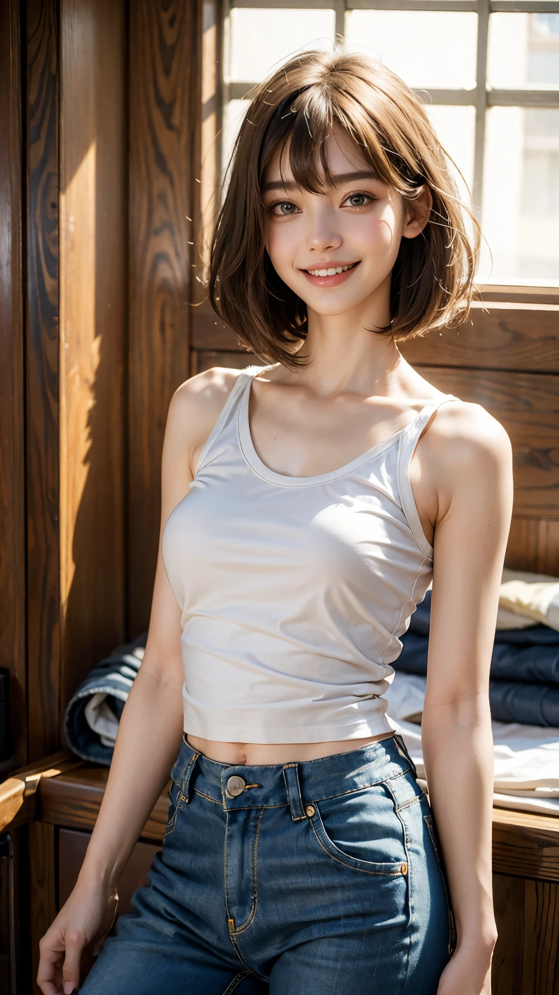 Highest quality, masterpiece, Ultra-high resolution,8K, (Realistic:1.6), (Face-to-face selfie portrait) RAW Photos, 1 Girl,(Full of smiles, Showing teeth)), 22 years old,((Korean Idol Karina Fashion)),((Miniskirt uniform and undershorts)),((Very Short Hair)),((Looking up at the audience)),Face Focus:1.4,((Selfie taken with a fisheye lens:1.4)),