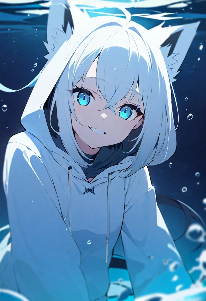Shirakami Fubuki/(Holographic live broadcast/),((top quality)), ((​Masterpiece)), ((Super detailed)), (extremely delicate and beautiful), girl with, alone, cold attitude,((white hoodie)),She is very(Relax)and(settle down)It seems,depth of field,evil smile,bubble, under water, bubble,Underwater world bright light blue eyes,interior color，Bright gray hair with light blue tips