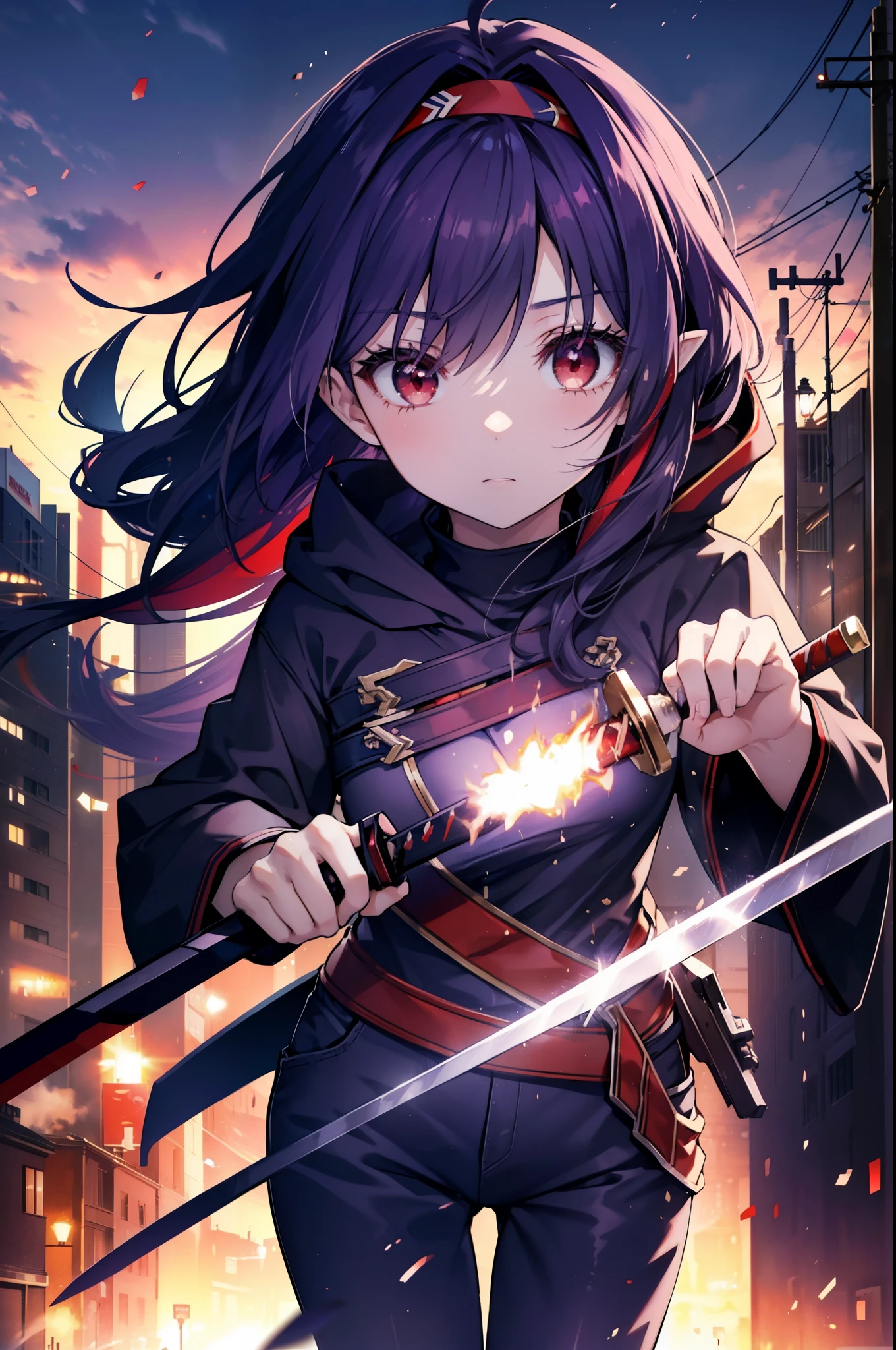 yuukikonno, Yuki Konno, hair band, long hair, pointed ears, purple hair, (red eyes:1.5), (small breasts:1.2), serious,close your mouth,Trying to pull out a Japanese sword from its sheath,purple oversized hoodie　hood up,action pose,IncrsUnsheathingAKatanaMeme, sheath, holding sheath, short denim pants,black knee high socks,short boots,rubble,explosive flame,become obsolete,
break looking at viewer, Upper body, whole body,
break outdoors, In town,building street,,
break (masterpiece:1.2), highest quality, High resolution, unity 8k wallpaper, (figure:0.8), (detailed and beautiful eyes:1.6), highly detailed face, perfect lighting, Very detailed CG, (perfect hands, perfect ???????),