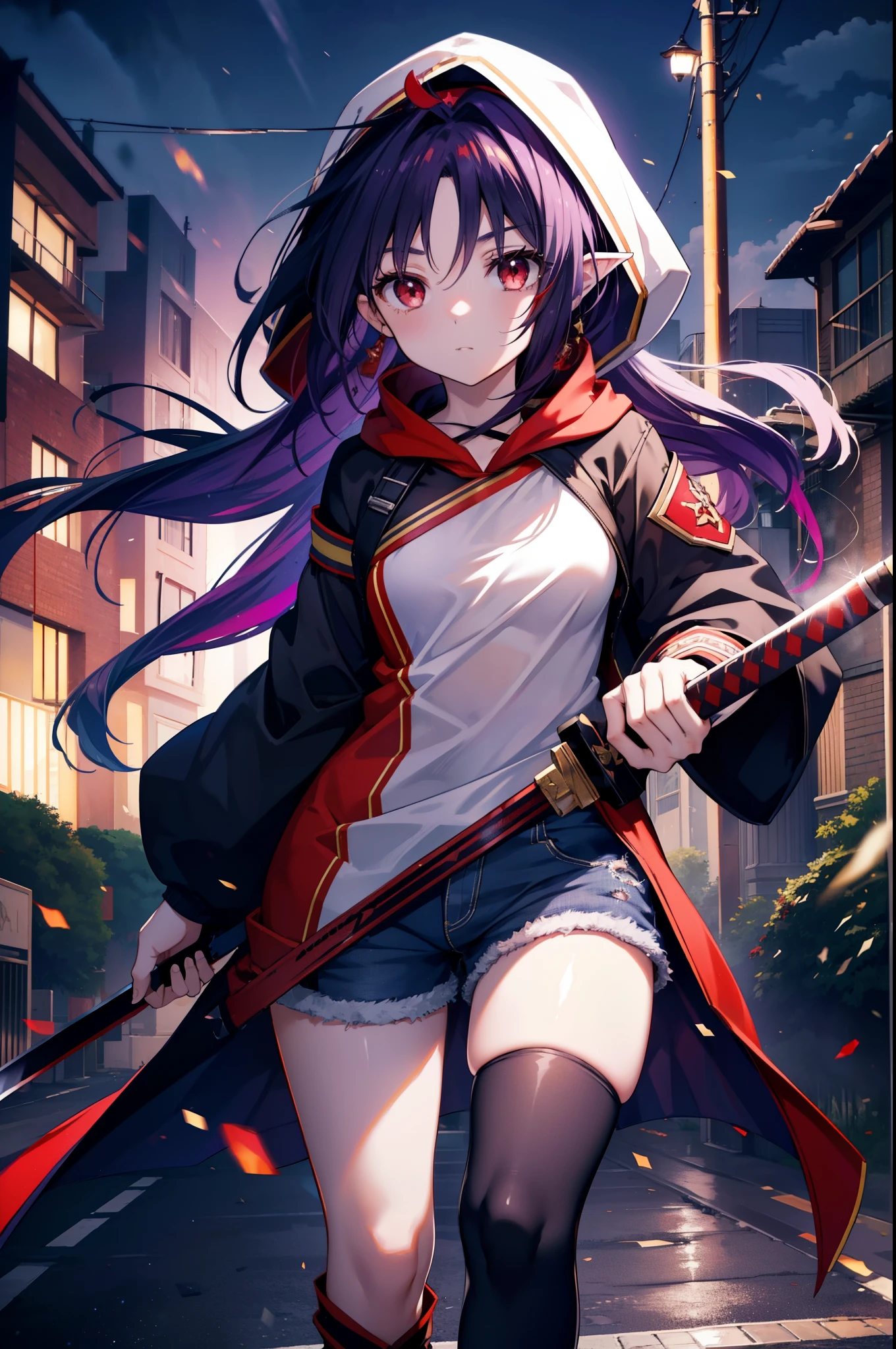 yuukikonno, Yuki Konno, hair band, long hair, pointed ears, purple hair, (red eyes:1.5), (small breasts:1.2), serious,close your mouth,Trying to pull out a Japanese sword from its sheath,purple oversized hoodie hood up,action pose,IncrsUnsheathingAKatanaMeme, sheath, holding sheath, short denim pants,black knee high socks,short boots,rubble,explosive flame,become obsolete,
break looking at viewer, Upper body, whole body,
break outdoors, In town,building street,,
break (masterpiece:1.2), highest quality, High resolution, unity 8k wallpaper, (figure:0.8), (detailed and beautiful eyes:1.6), highly detailed face, perfect lighting, Very detailed CG, (perfect hands, perfect anatomy),