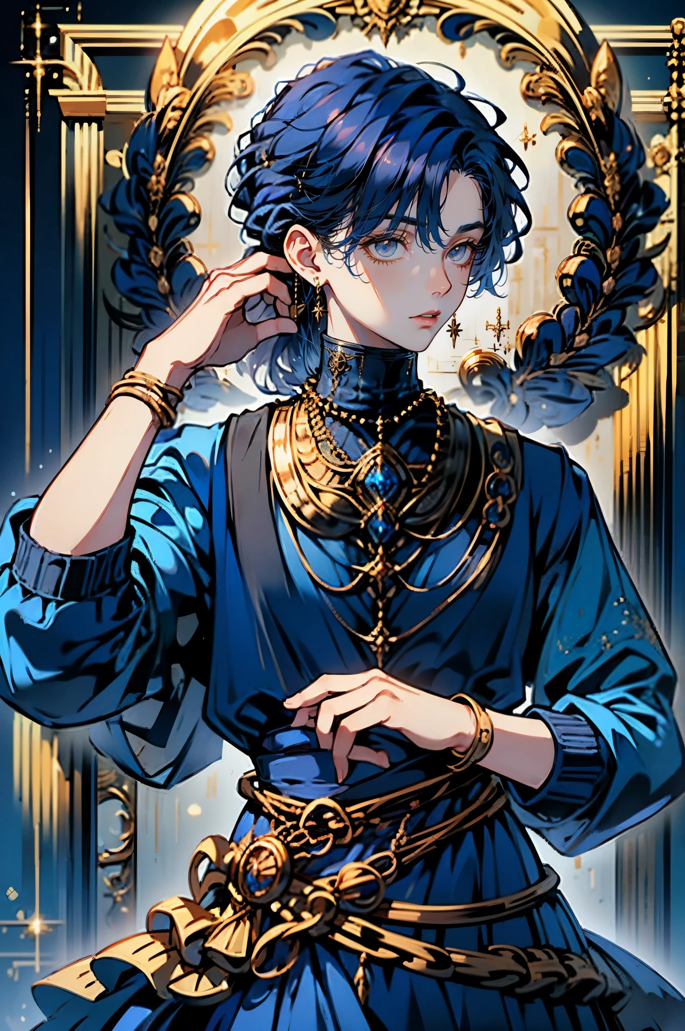 ((upper body)) ((best quality)) ((dark blue hair)) ((wayv hair)) ((pearls hair tie)) ((gold)) ((turtleneck dress))