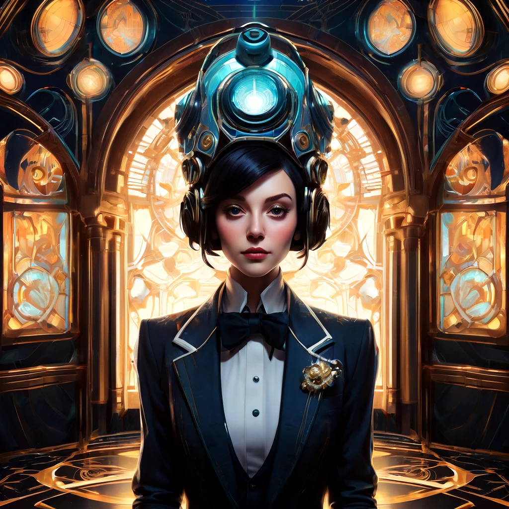 Symmetry, aesthetic, extremely detailed, symmetrical, Symmetry portrait of penguin from bioshock, vintage, sci-fi, tech wear, glowing lights intricate, elegant, highly detailed, digital painting, artstation, concept art, smooth, sharp focus, illustration, art by artgerm and greg rutkowski and alphonse mucha