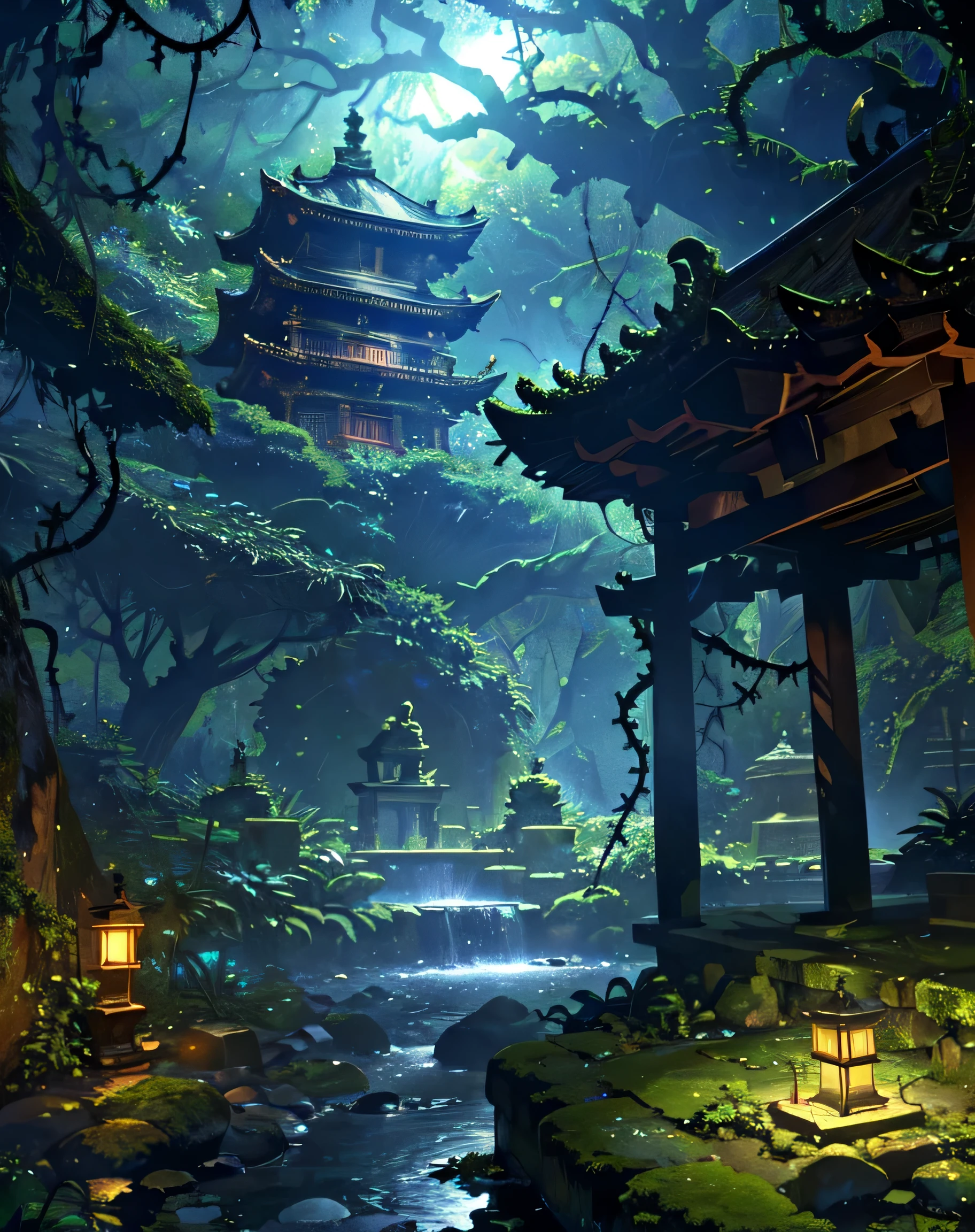 shrine, fountain, trees, cool ambient, tree canopy, moss on rocks, vines and leaves, firefly, dark sky, (masterpiece, best quality: 1.2)