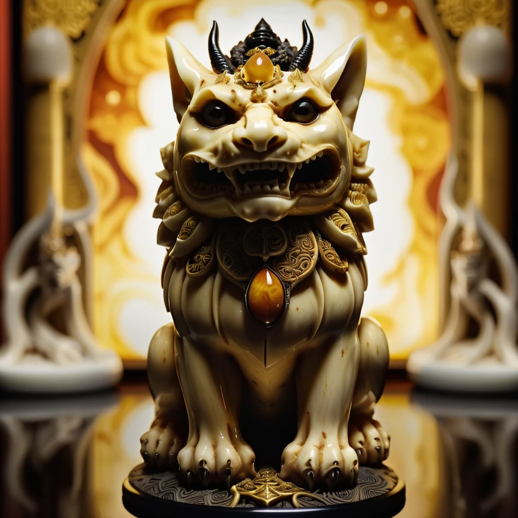 Amber, ivory, and ebony netsuke statuette depicting the Good God of Evil Deeds, hyperrealistic details with 32k resolution, centered composition adhering to symmetry, intricate designs illuminated by volumetric lighting, rich deep color palette, ultra-sharp focus, artistic influences of Dan Mumford and Marc Simonetti, with an astrophotography backdrop, dramatic lighting, ultra-detailed, breathtaking surreal masterpiece. High Resolution, High Quality, Masterpiece.best quality, masterpiece, super detail