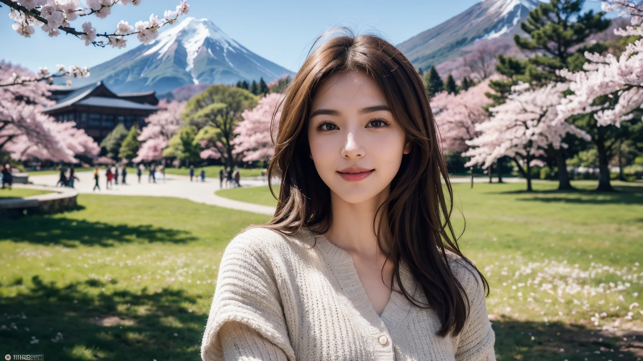 masterpiece, Best Quality, Photorealistic, Ultra-detailed, finely detailed, High resolution, 8K Wallpaper, 1 beautiful woman, light brown hair, sharp focus, Perfect dynamic composition, Beautiful detailed eyes, detailed hairs, Detailed realistic skin texture, Smiling, portrait, Model body type, Take a walk in the park with cherry blossoms and Fuji Mountain background,