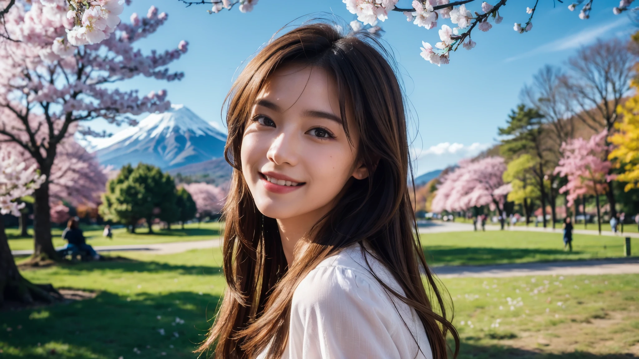 masterpiece, Best Quality, Photorealistic, Ultra-detailed, finely detailed, High resolution, 8K Wallpaper, 1 beautiful woman, light brown hair, sharp focus, Perfect dynamic composition, Beautiful detailed eyes, detailed hairs, Detailed realistic skin texture, Smiling, portrait, Model body type, Take a walk in the park with cherry blossoms and Fuji Mountain background,