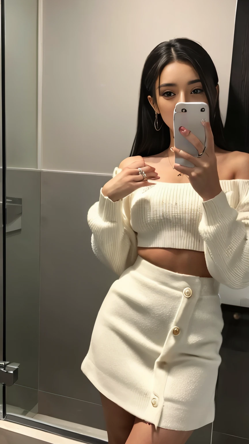 Photo of a dirty attractive woman in a bathroom posted on Snapchat, black skirt, white sweater, short ponytail, perfect figure, photographed with iPhone, reflection of herself in a mirror