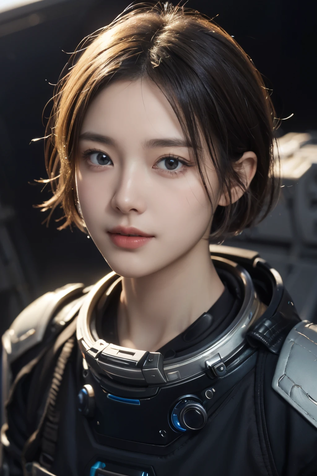 highest quality、masterpiece、ultra high resolution、(real:1.4)、Beautiful woman1、Beautiful details of eyes and skin、light brown short cut hair、small smile、perfect space suit、spaceship、macrocosm、Remains、cloudy sky、