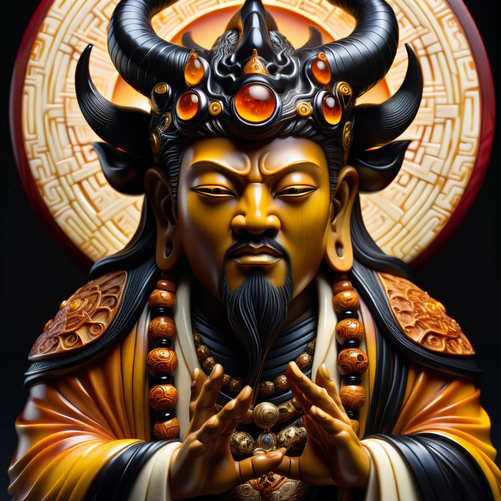 Amber, ivory, and ebony netsuke statuette depicting the Good God of Evil Deeds,central symmetry, hyperrealistic details with 32k resolution, centered composition adhering to symmetry, intricate designs illuminated by volumetric lighting, rich deep color palette, ultra-sharp focus, artistic influences of Dan Mumford and Marc Simonetti, with an astrophotography backdrop, dramatic lighting, ultra-detailed, breathtaking surreal masterpiece. High Resolution, High Quality, Masterpiece.best quality, masterpiece, super detail