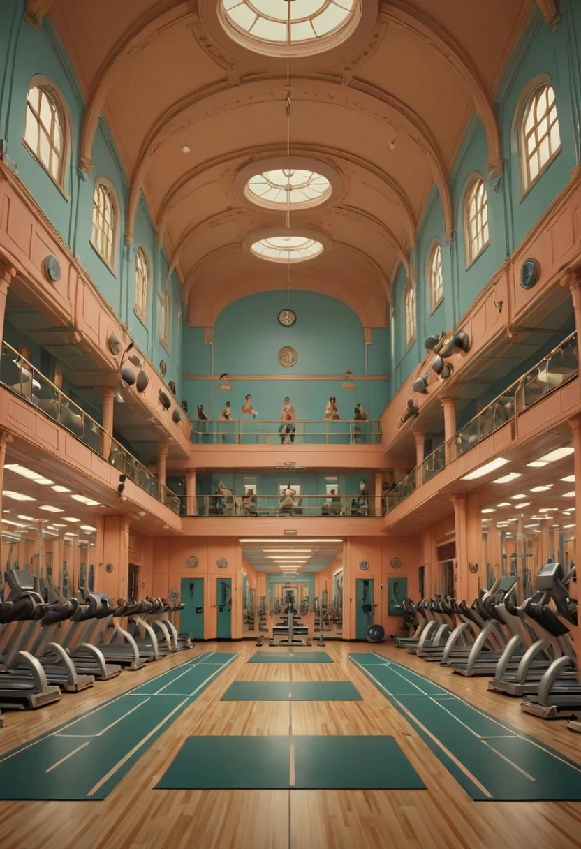 Symmetry, symmetrical, Gym, by Wes Anderson, best quality, masterpiece, high details, Ultra intricate detailed