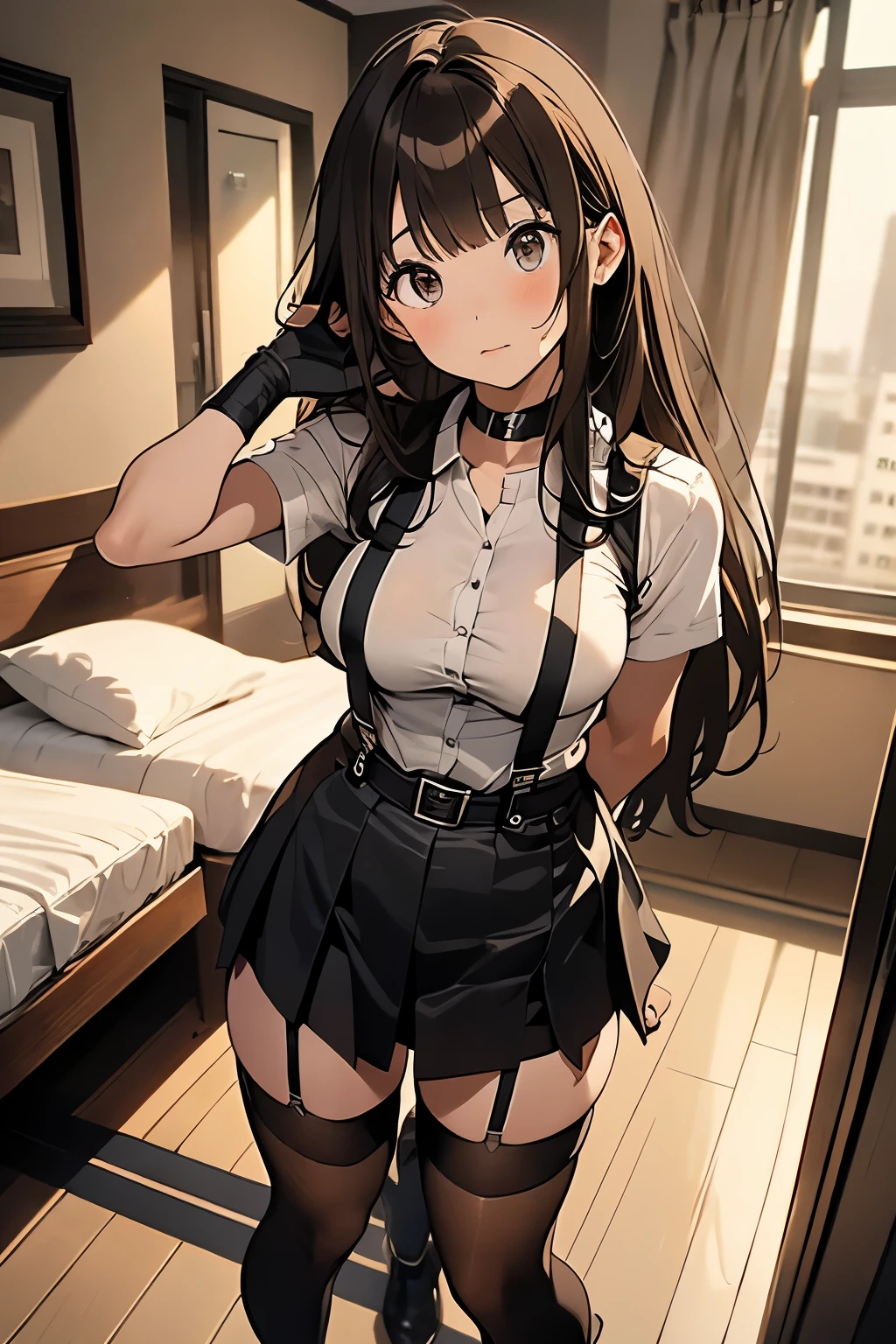brown hair、looking at the viewer　　suspenders　　　big swollen breasts　　 　 　　　　black mini skirt　garter belt　knee high socks　　　　　　Aerial perspective　　　small face　bangs 　　　　　Beauty　　hands up　　 　sideways view 　black boots 　provocation　　　one person 　　　　　　hands behind　put your hands behind your back　Hands behind your back　With your hands behind your back　armed　holster　　Belt Garter Bell Black Gloves with Holes A Hotel Room　Bed　wall side　blonde