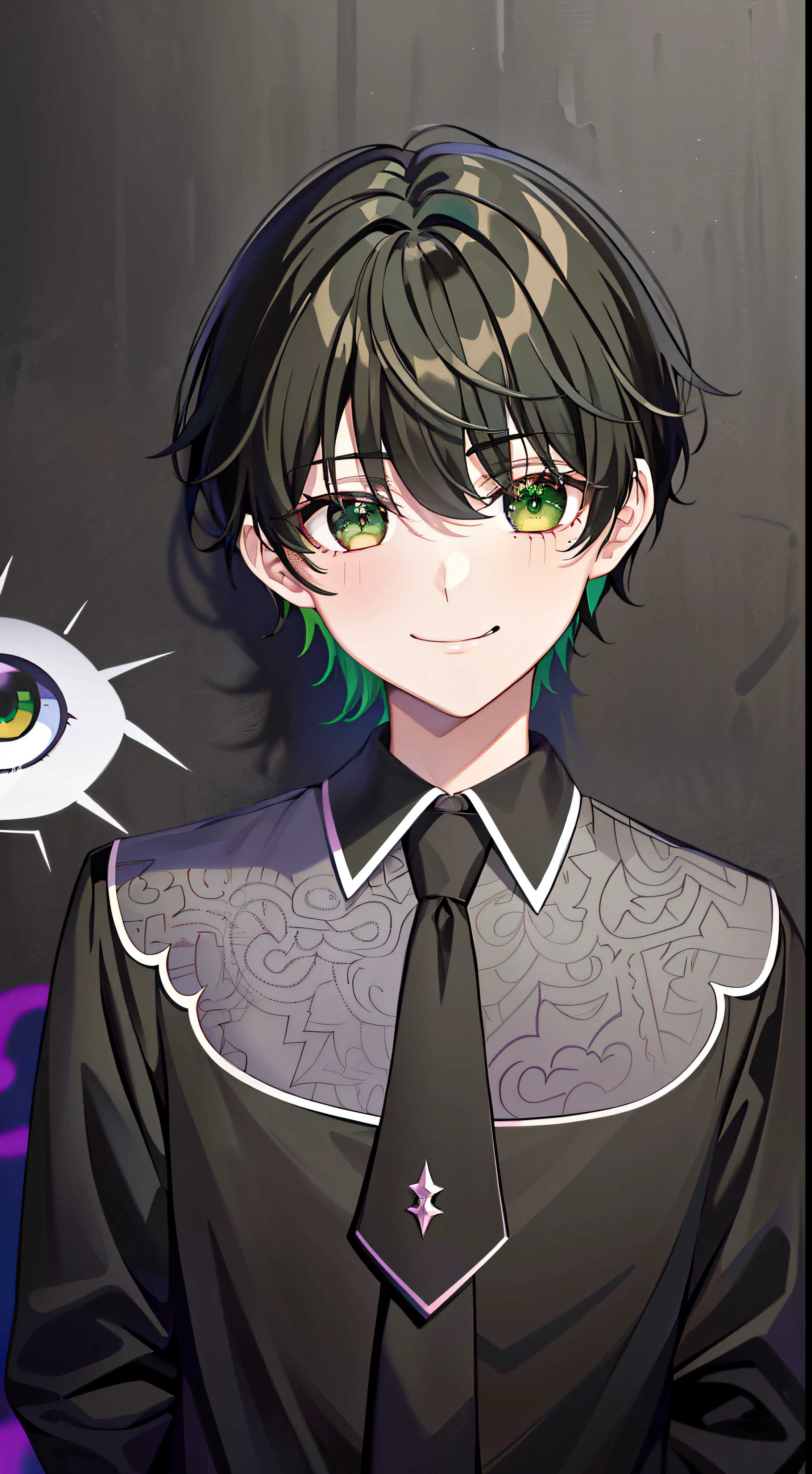 masterpiece, 最high quality, high quality, 1 boy, alone, male focus, looking at the viewer, cold light, (goth clothes:1.2), (gothic:1.2), (finger smile:1.1), (green_eye:1.2), (Zaffre eye color:1.1), (black hairのショートヘア:1.2), (black hair:1.5), (cute monster pattern:1.5), (wall covered with colorful graffiti:1.2)