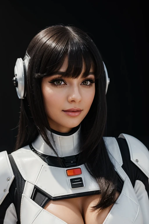 best quality, 8k, woman, beautiful,  big eyelashes, black straight long hair, bangs, looking to observer, little smile, cleavage, retro futurism black space armor sheer suit, white neutral scenario