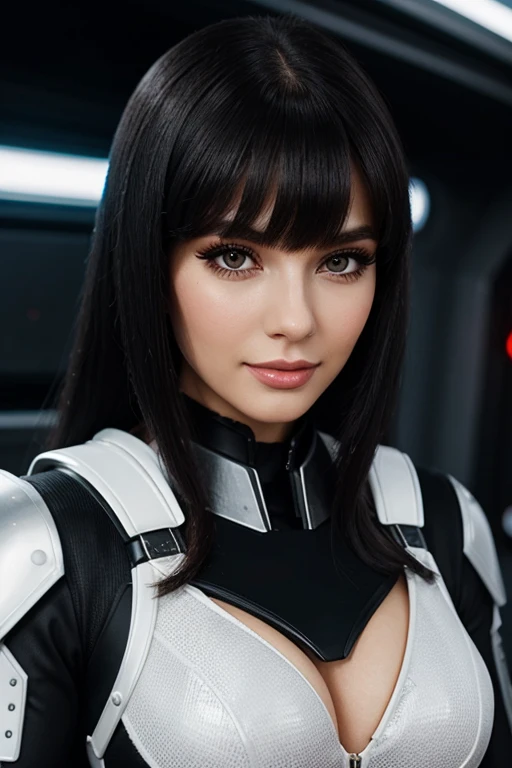 best quality, 8k, woman, beautiful, big eyelashes, black straight long hair, bangs, looking to observer, little smile, cleavage, retro futurism black space armor sheer suit, white neutral scenario