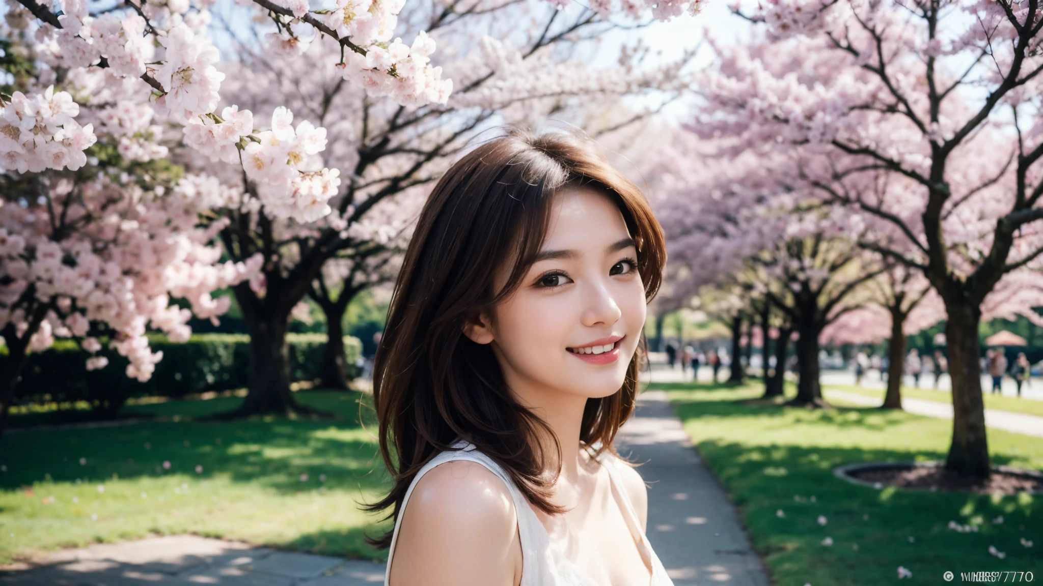 masterpiece, Best Quality, Photorealistic, Ultra-detailed, finely detailed, High resolution, 8K Wallpaper, 1 beautiful woman, light brown hair, sharp focus, Perfect dynamic composition, Beautiful detailed eyes, detailed hairs, Detailed realistic skin texture, Smiling, portrait, Model body type, Take a walk in the park with cherry blossoms,