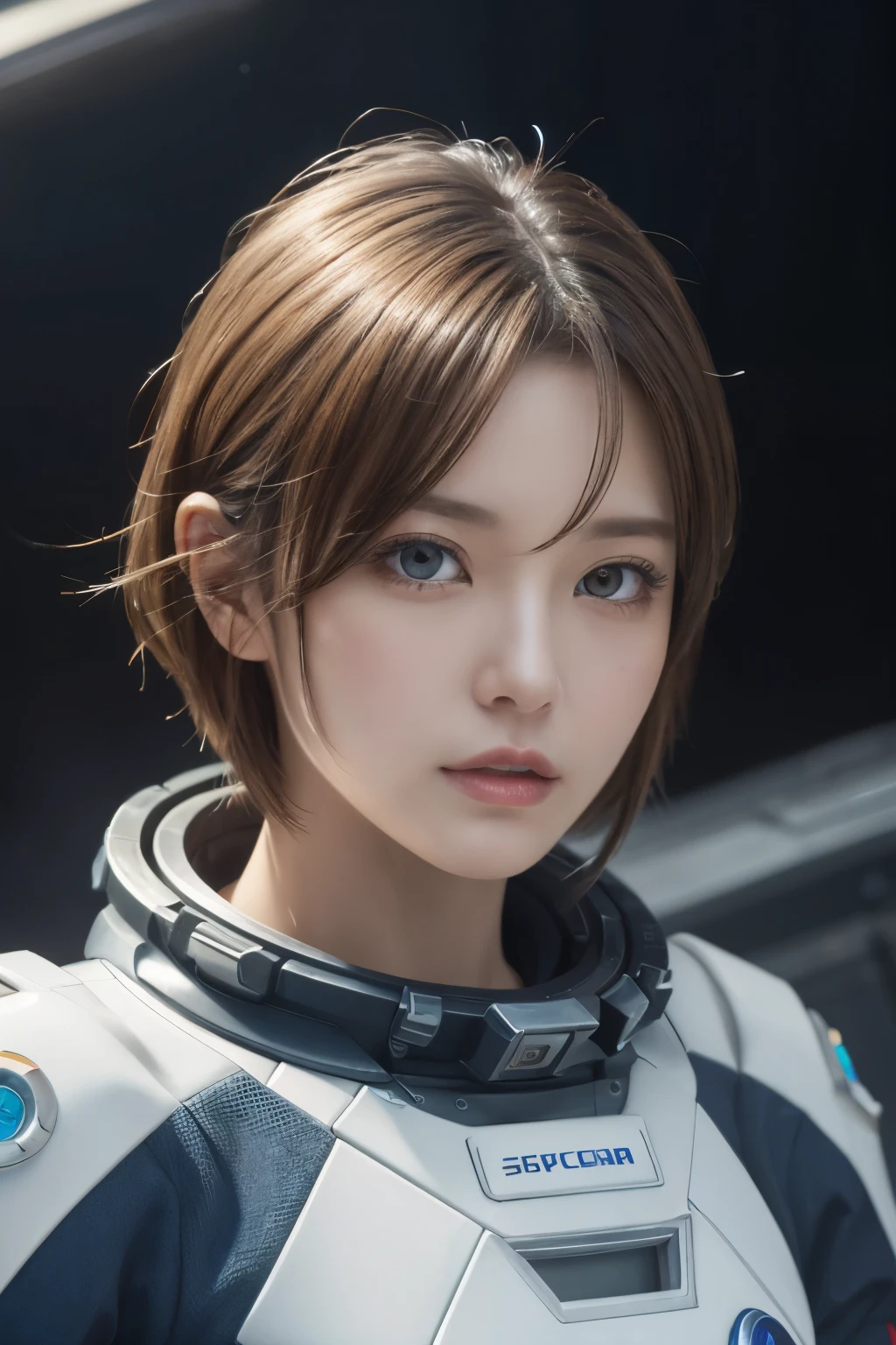 highest quality、masterpiece、ultra high resolution、(real:1.4)、Beautiful woman１、Beautiful details of eyes and skin、light brown short cut hair、perfect space suit、spaceship、macrocosm、Remains、cloudy sky、