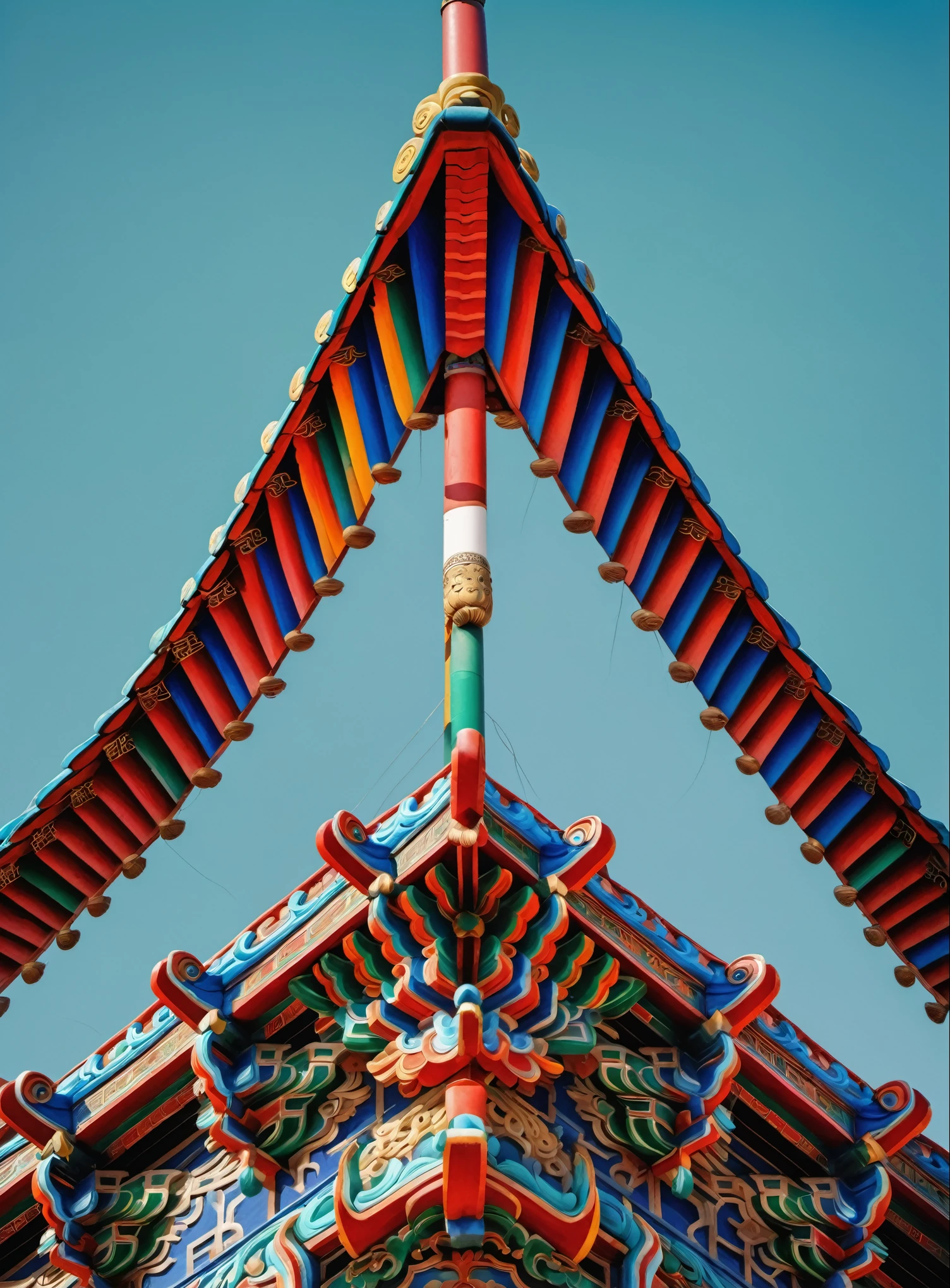 The roof of a building has brackets and cornices, Chinese architecture,intricate detail roof,,red,green,black,blue,White, A colorful and intricate masterpiece, Details and vibrant colors, symmetrical details, ancient chinese aesthetics