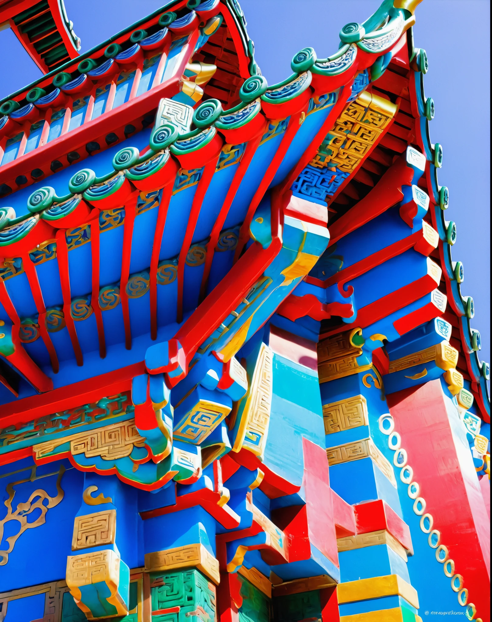 Close-up of top building, Chinese architecture, Details and vibrant colors, intricate details屋顶,  red，blue，White，green，blue，gold，In line with ancient Chinese aesthetics, middle china palace, complex building, intricate details, Ancient Chinese gorgeousness, Detailed architecture, Spectacular details，background：blue sky，look up，