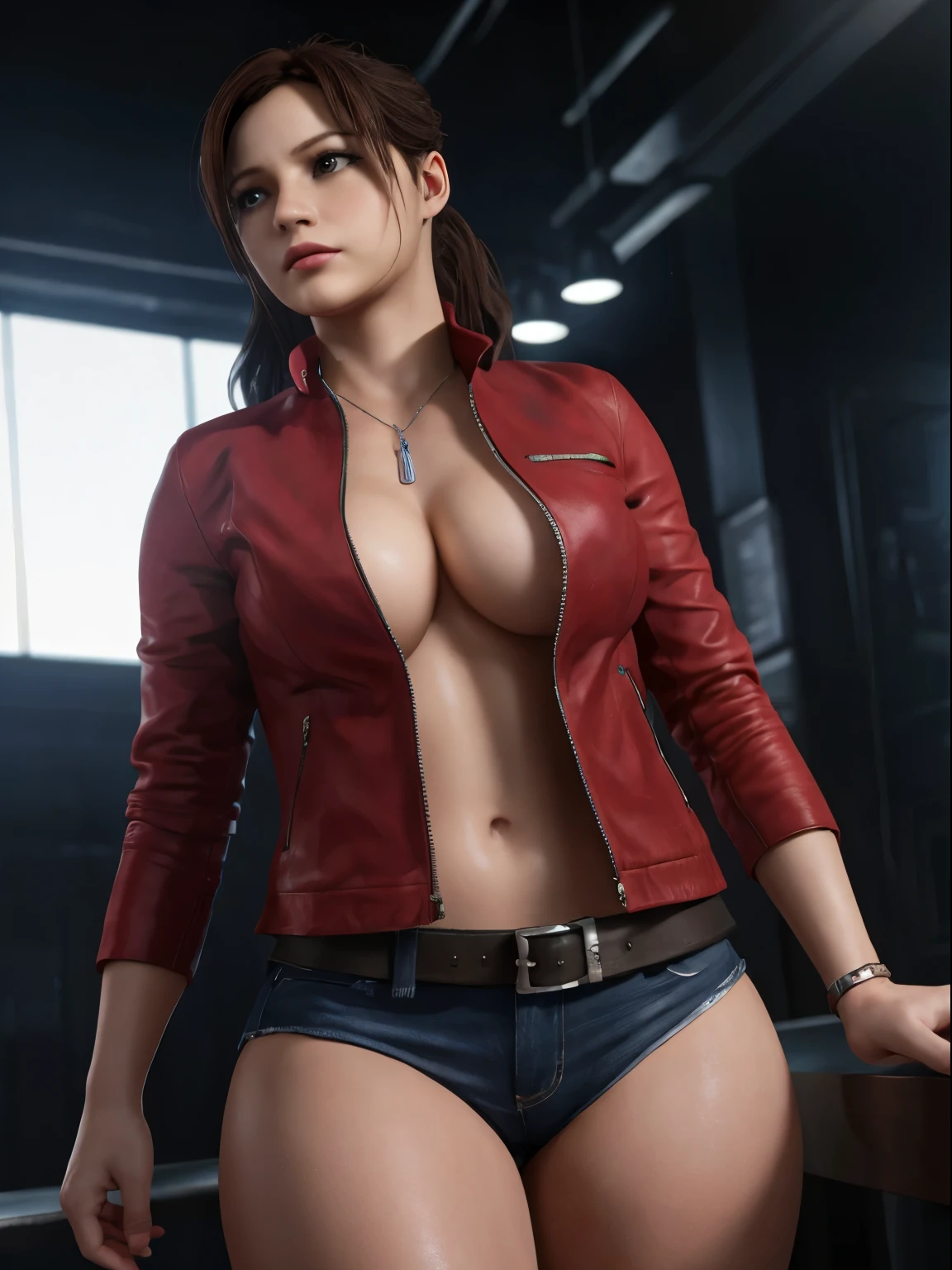 Claire Redfield, {{master part, best quality, CG extremamente detalhado, Unity 8k papel de parede, Cinematic lighting}},  1girl, Mulher nova, corpo inteiro, dia ensolarado, belos olhos detalhados, (seios grandes, clivagem), Bunda redonda, looking up at the audience, long eyelashes