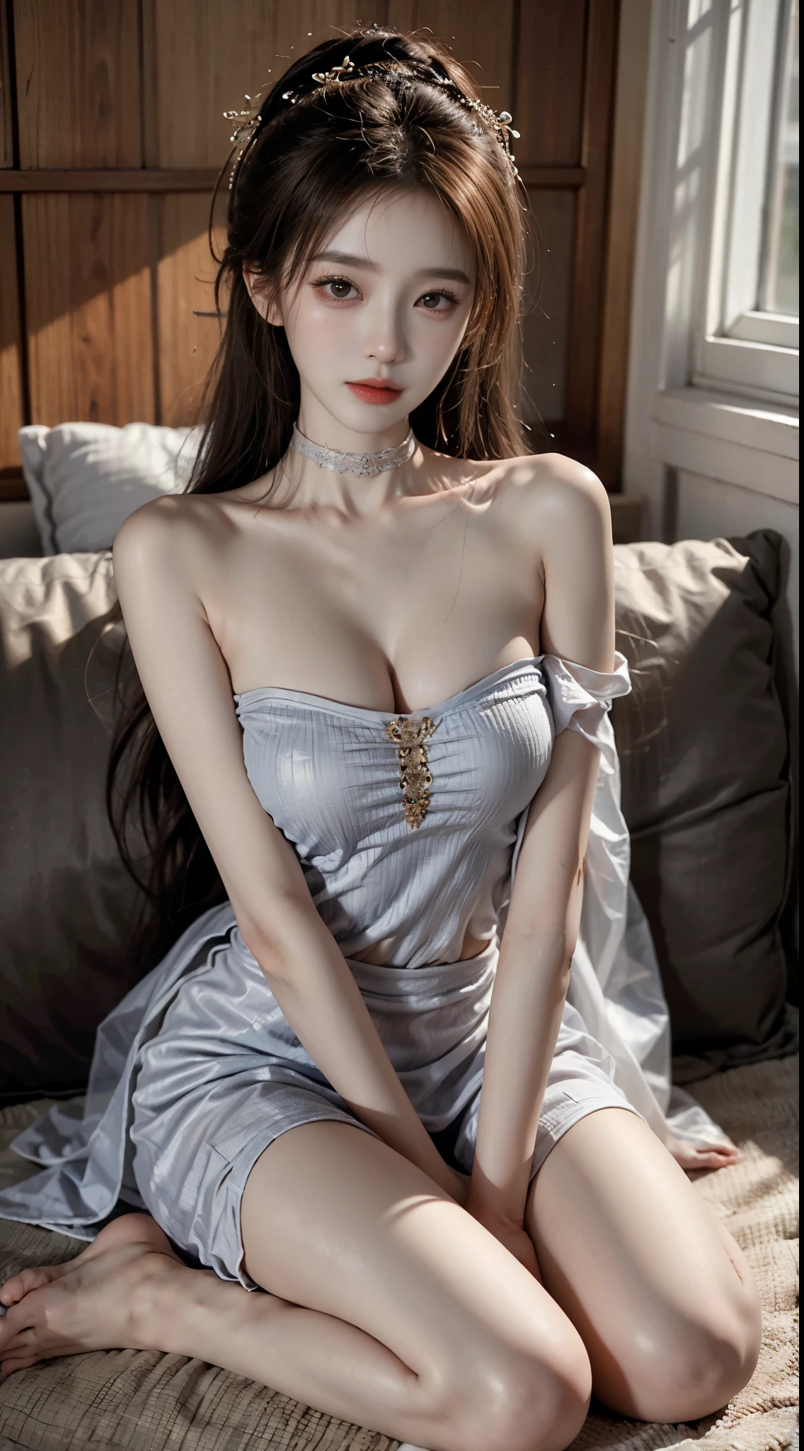 gufeng,bare shoulders,,((full body)), ((Sitting position)), ((Very short hemline, sexy long legs)), ((bare shoulders)),Asian female model, A young and beautiful girl, Pose gracefully, Attractive pose, high and cold, Blonde hair, curlies, Long messy hair, Beautiful and delicate eyes, A plump chest, slim toned body, closeup cleavage, warmly lit, Warm color palette, tmasterpiece, Best quality, offcial art, rich details, Clear face, profesional lighting, physically-based renderingt, 耳Nipple Ring, choker necklace, light make-up