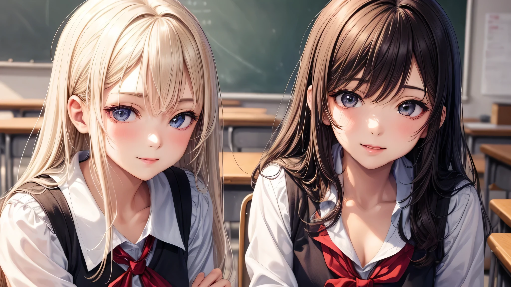 (2 girls:1.2), incredibly beautiful face, enchanting smile, (school uniform, mini skirt:1.2), (highest quality: 1.4), (Super detailed), (highest quality:1.4), (super detailed), evening, very high resolution, (Upper body), close up face, (School, classroom), School anime, anime illustration,