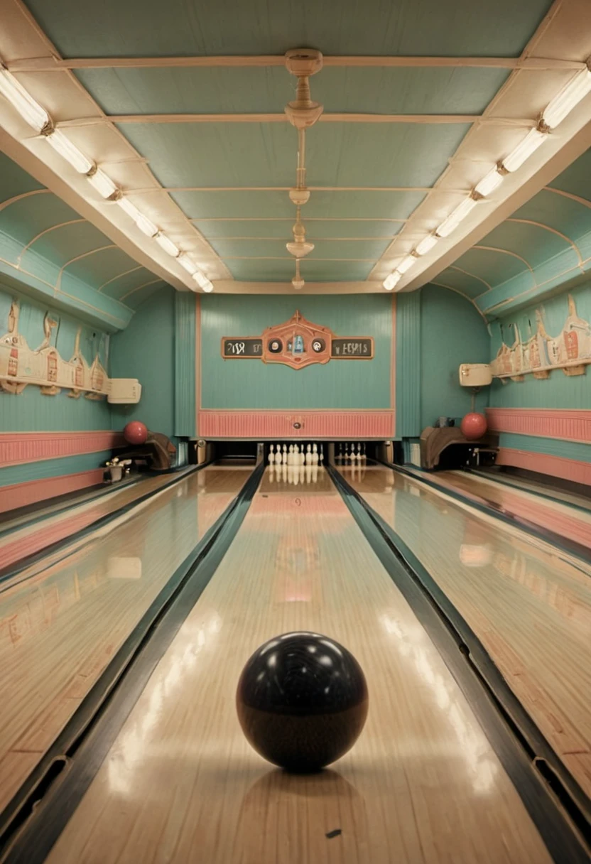 Symmetry, symmetrical, Bowling alley, by Wes Anderson, best quality, masterpiece, high details, Ultra intricate detailed