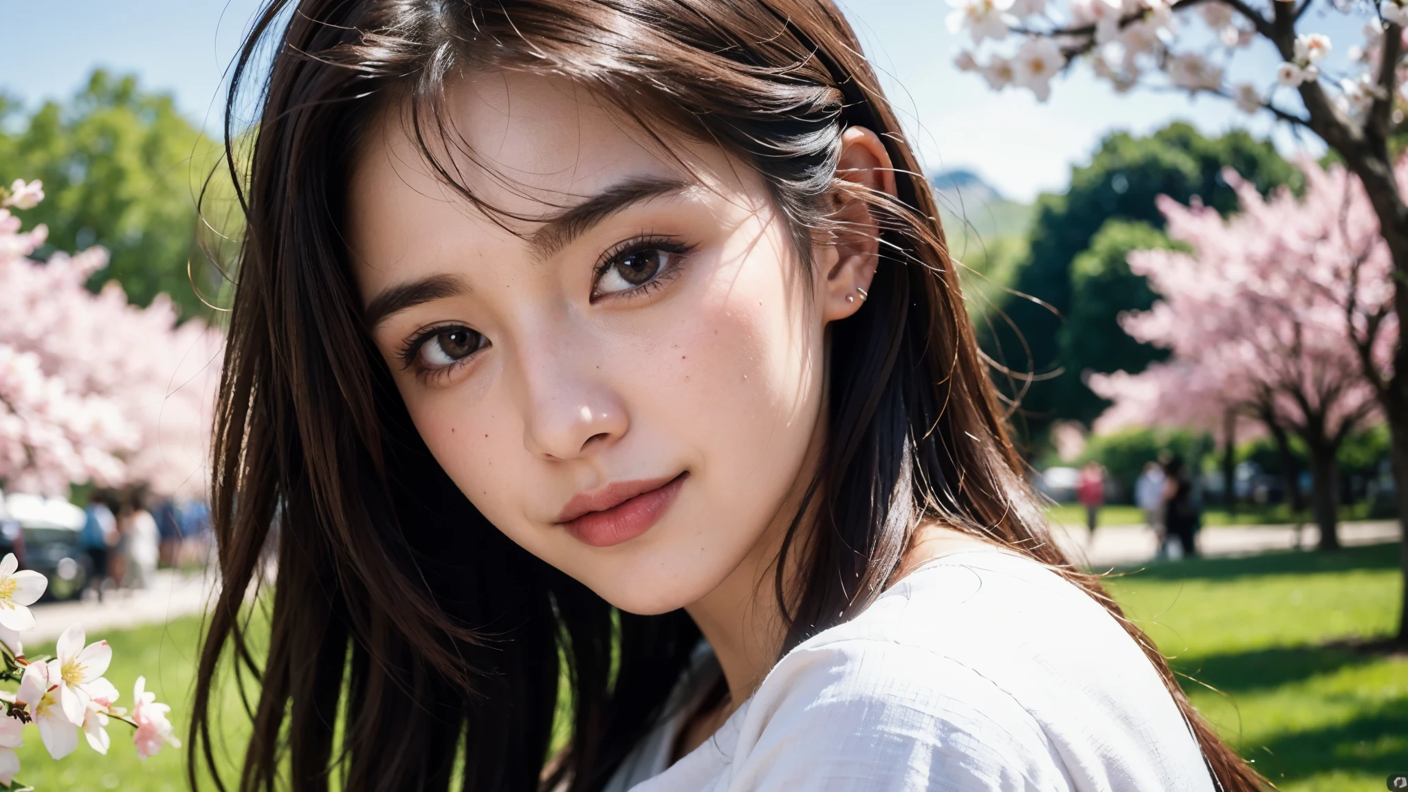 masterpiece, Best Quality, Photorealistic, Ultra-detailed, finely detailed, High resolution, 8K Wallpaper, 1 beautiful woman, light brown hair, sharp focus, Perfect dynamic composition, Beautiful detailed eyes, detailed hairs, Detailed realistic skin texture, Smiling, portrait, Model body type, Take a walk in the park with cherry blossoms,