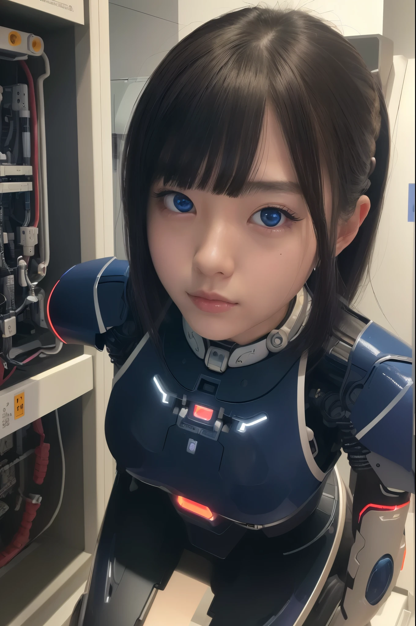 masterpiece, Best Quality, Extremely detailed, 8K portrait,Japaese android girl,Plump , control panels,Robot arms and legs, Blunt bangs,Charging spot,She has charged energy,She is exhibits,museum hall,blue eyes