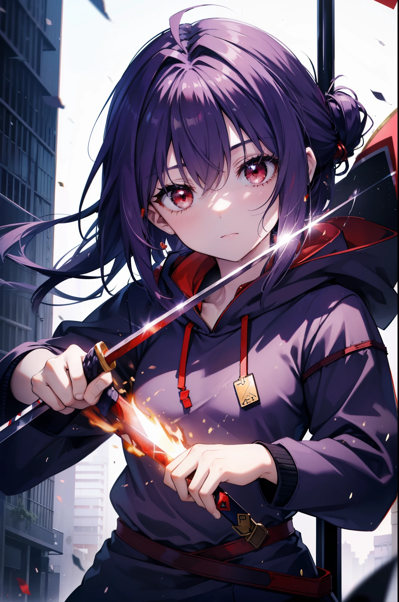 yuukikonno, Yuki Konno, hair band, long hair, pointed ears, purple hair, (red eyes:1.5), (small breasts:1.2), serious,close your mouth,His right hand holds the grip of a Japanese sword.,The left hand holds it from the scabbard.,Japan trying to pull out a sword,purple oversized hoodie hood up,action pose, short denim pants,black knee high socks,short boots,rubble,explosive flame,become obsolete,
break looking at viewer, Upper body, whole body,
break outdoors, In town,building street,,
break (masterpiece:1.2), highest quality, High resolution, unity 8k wallpaper, (figure:0.8), (detailed and beautiful eyes:1.6), highly detailed face, perfect lighting, Very detailed CG, (perfect hands, perfect anatomy),