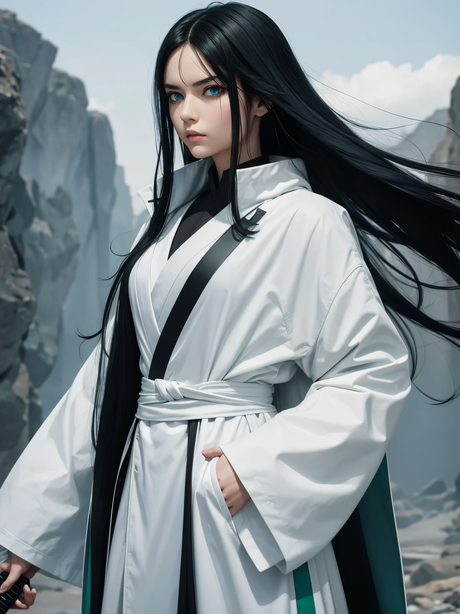 Girl with a serious look, one green and one blue eye, white skin and long black hair, with some white streaks, wearing a black coat, holding a katana