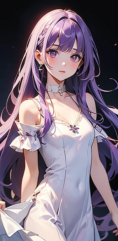 (8K、highest quality、masterpiece:1.2)、super resolution、Realistic、(1girl)  、(purple hair)、long straight hair,red eyes、(forehead:),(face focus,cowboy shot),(white dress :1.5)、(clear face:1.3),(cute face)、,small breasts,collar