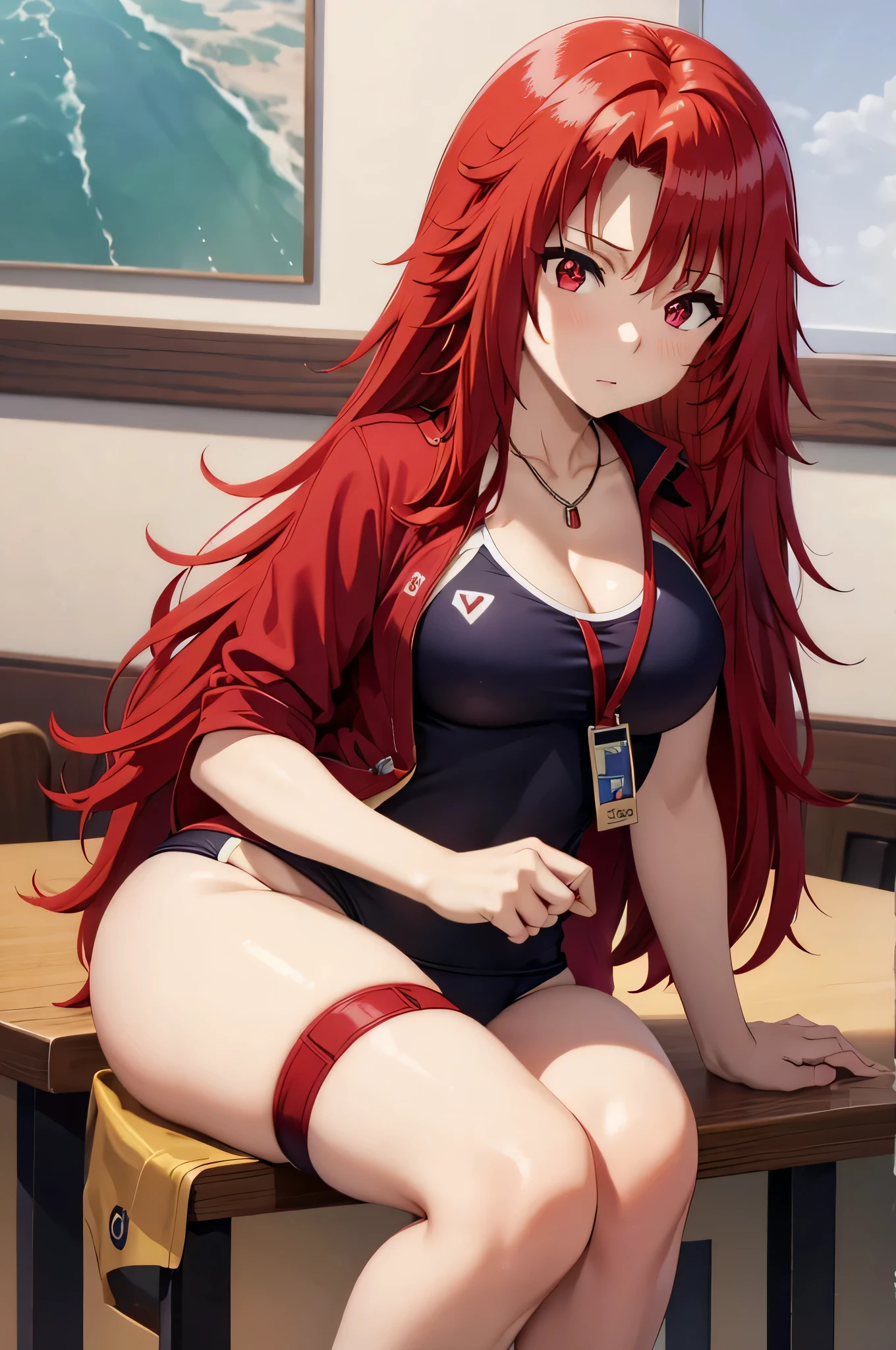 red eyes,red hair,masterpiece,best quality,highres,ultra-detailed,aamitsuri,long hair,,bangs,cleavage,school swimsuit swimsuit,one-piece swimsuit,
